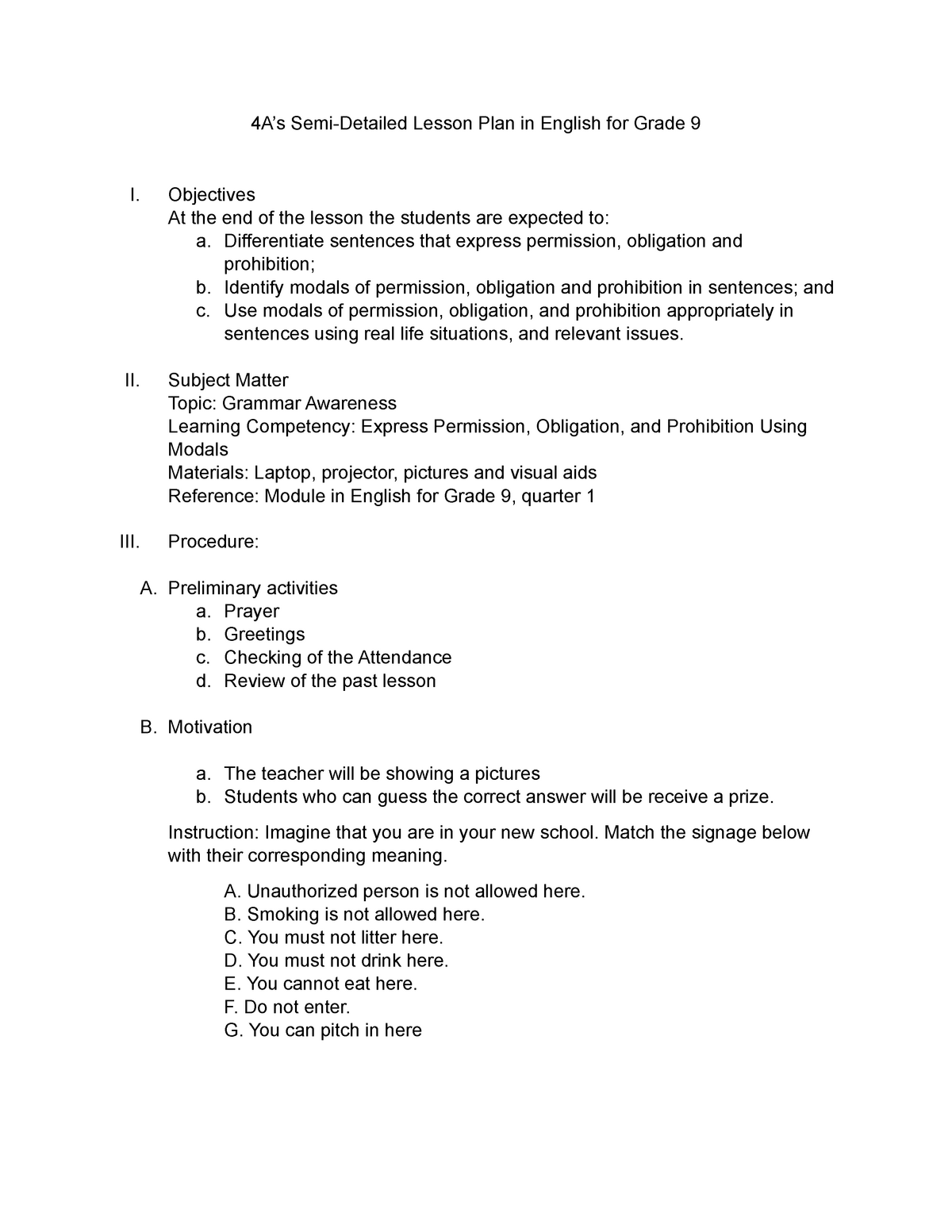 4A s Lesson Plan Express Permission Obligation And Prohibition Using 