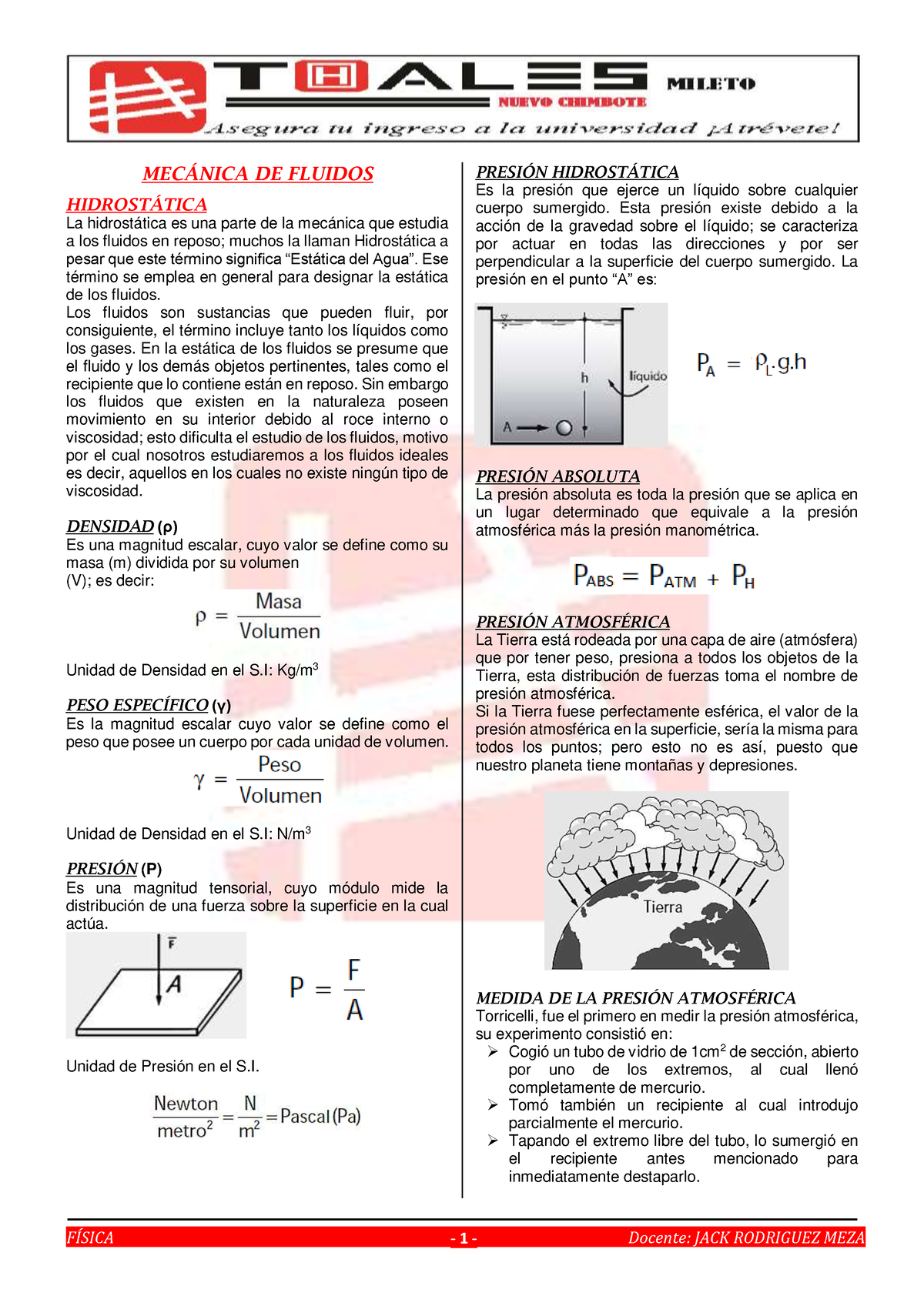 Semana N° 09 Hidrostática - MEC¡NICA DE FLUIDOS HIDROST¡TICA La ...