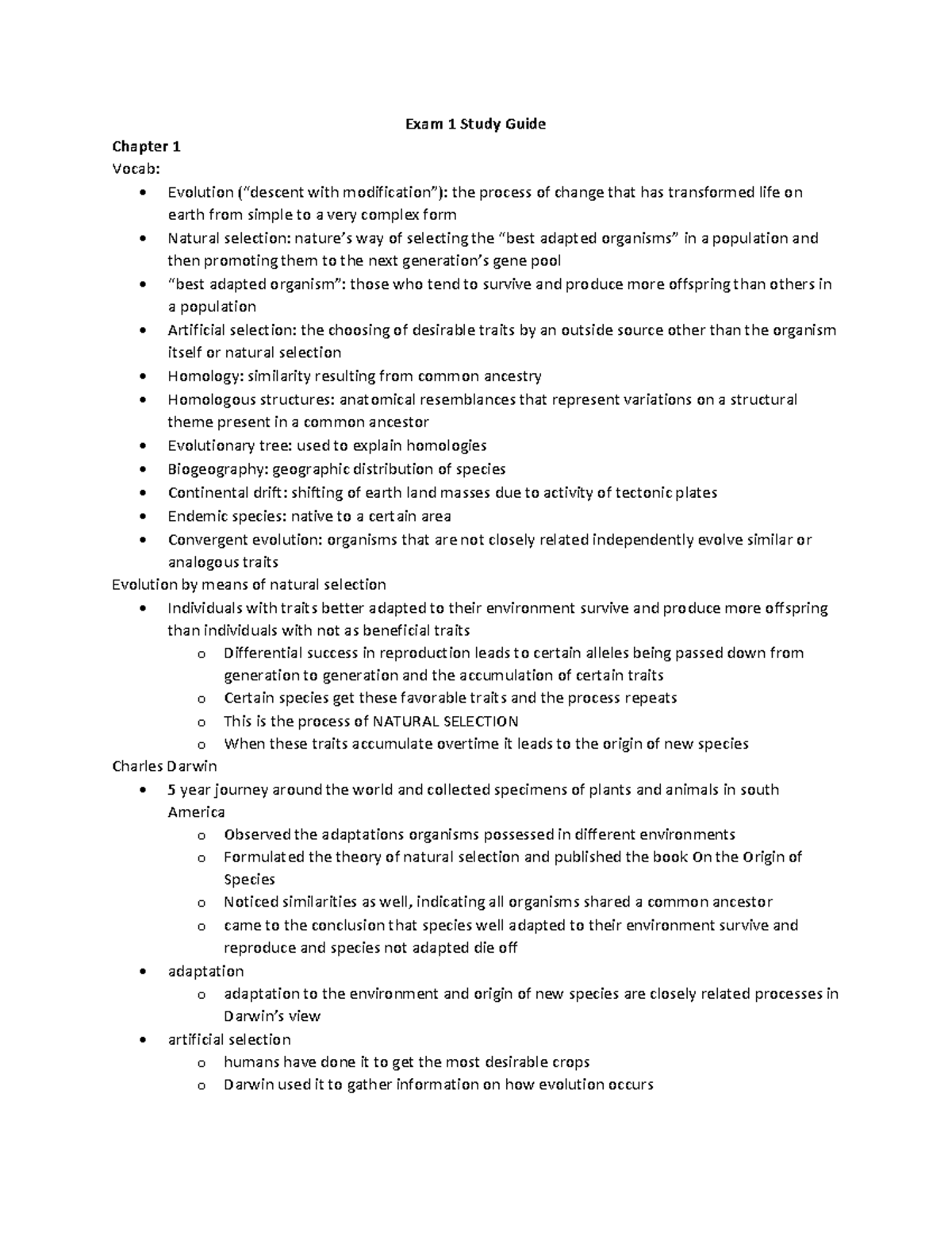 Biol 102 Exam 1 Study Guide - Exam 1 Study Guide Chapter 1 Vocab ...