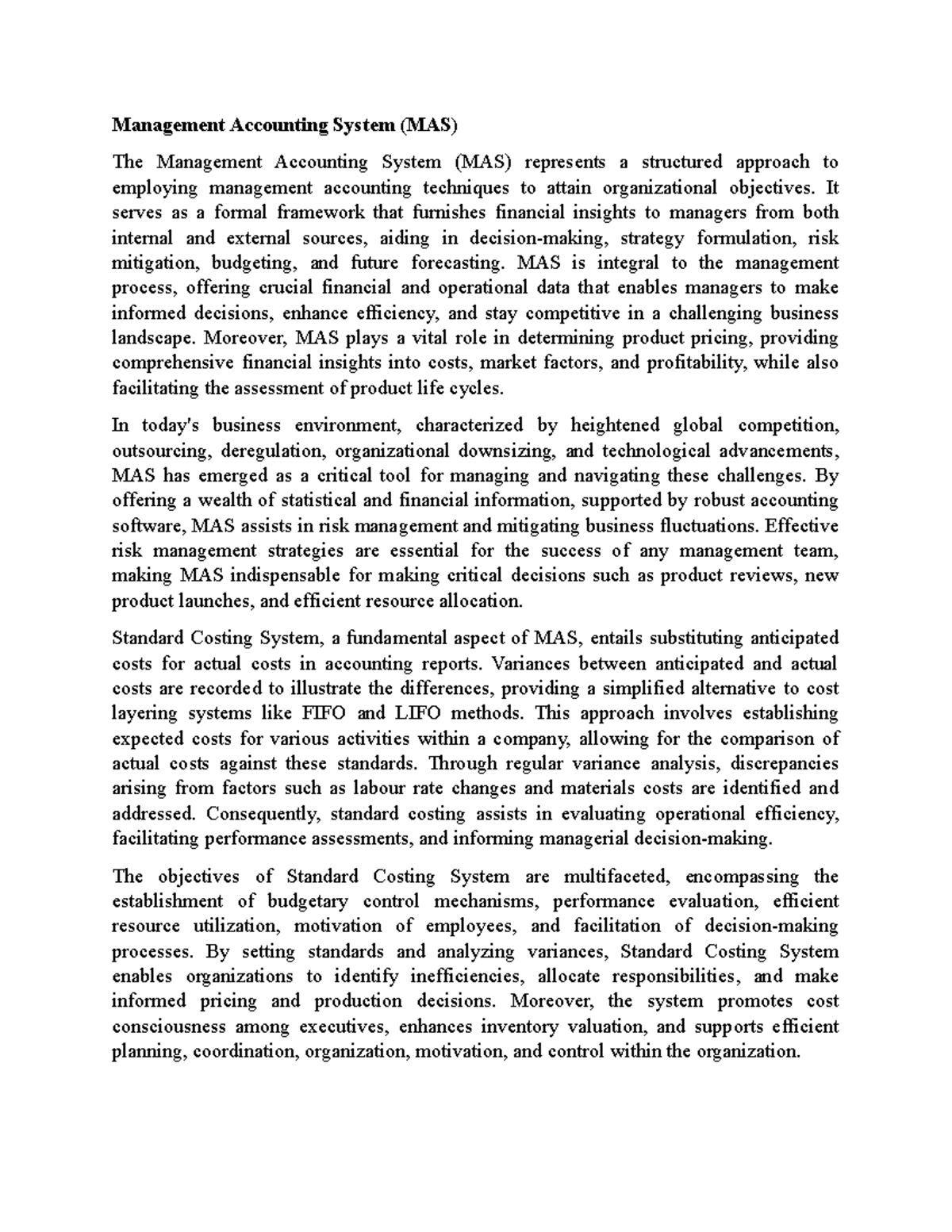Management Accounting System - It serves as a formal framework that ...