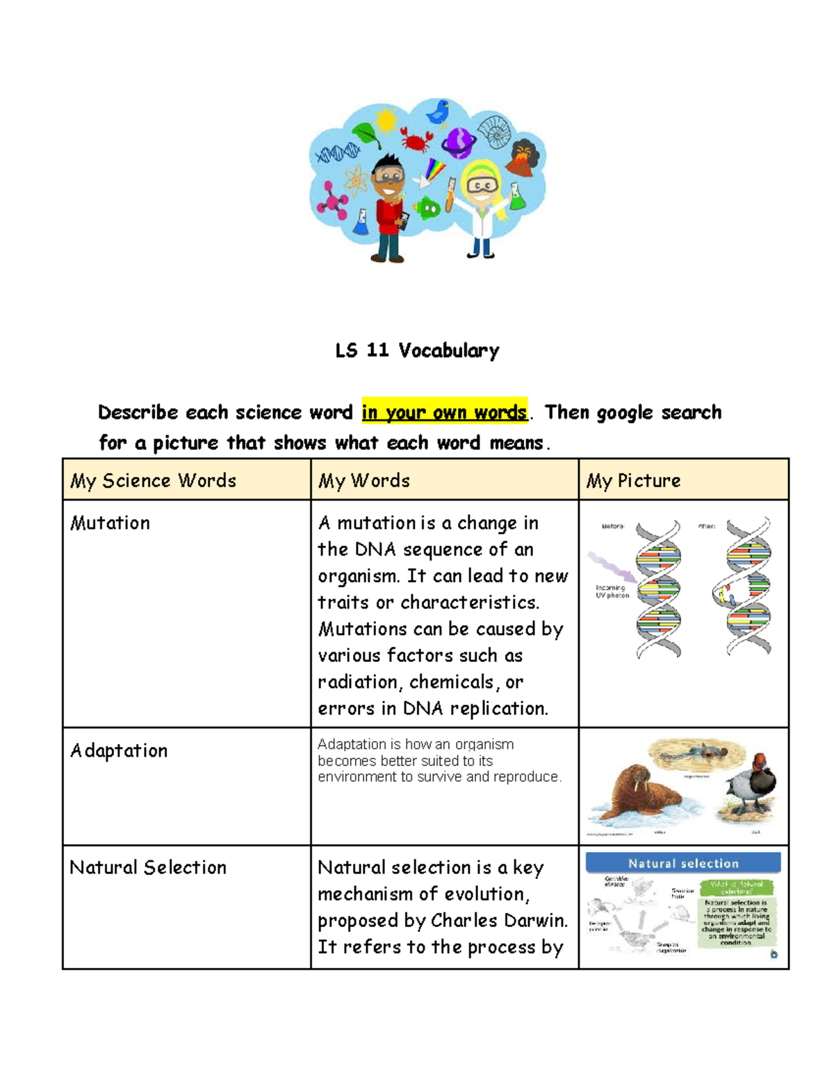LS 11 - My Science Words - NOTES/WORKS - LS 11 Vocabulary Describe each ...