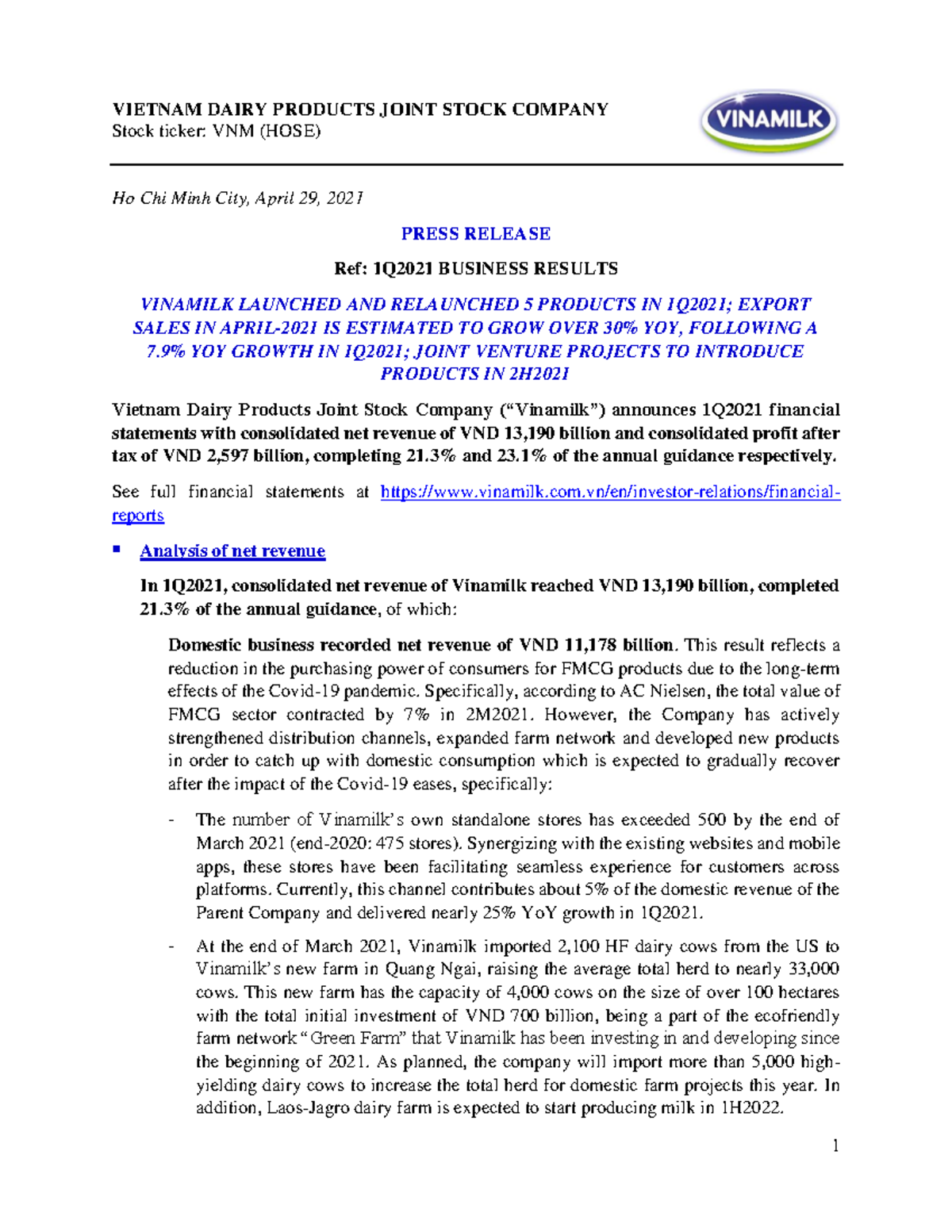 Vnm 3 dfdfdf 1 VIETNAM DAIRY PRODUCTS JOINT STOCK COMPANY Stock