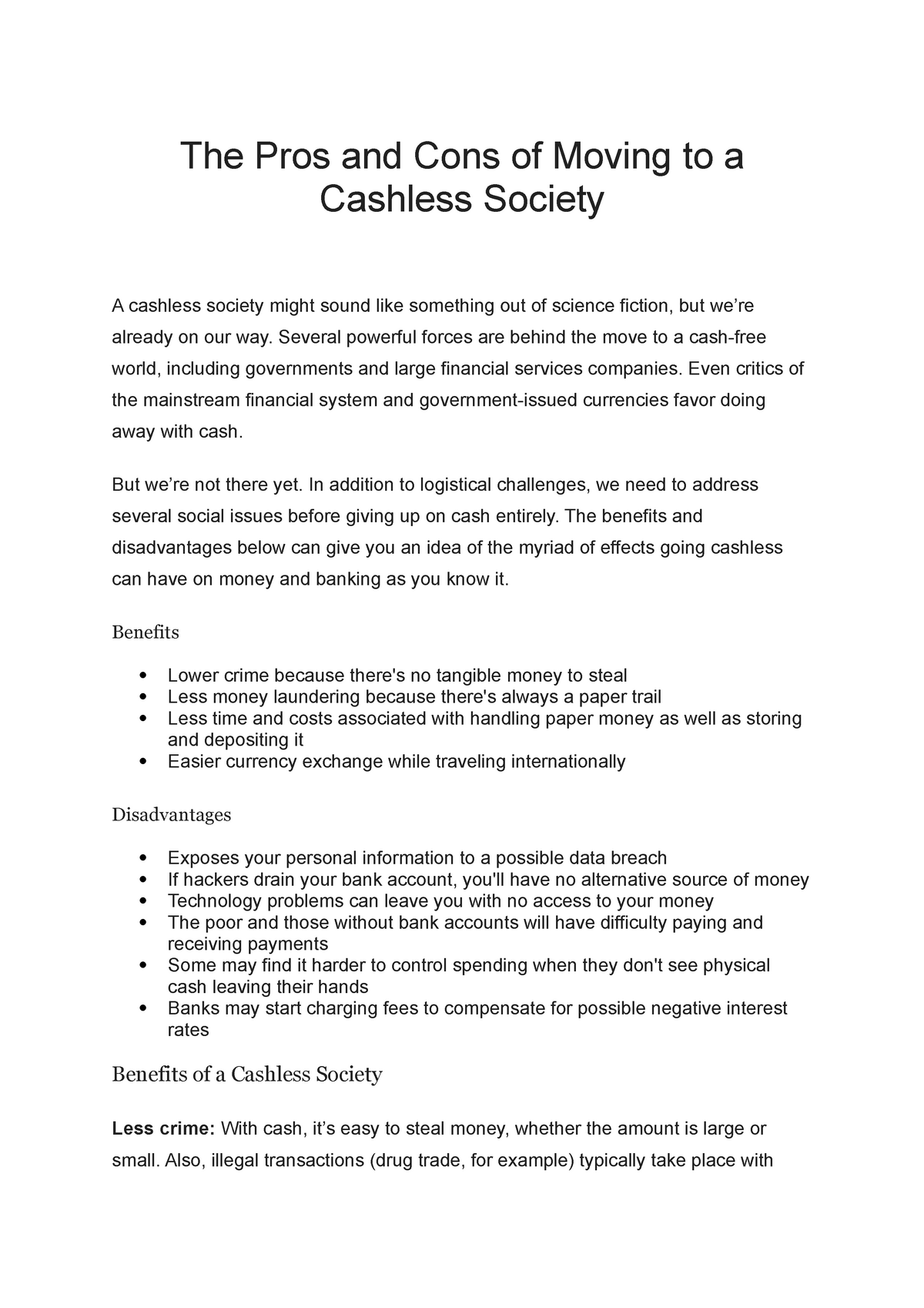 pros and cons of cashless society essay