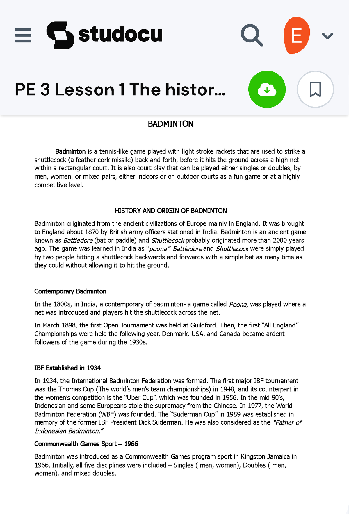 PE 3 Lesson 1 The History Of Badminton - PE 103 B… - BADMINTON ...