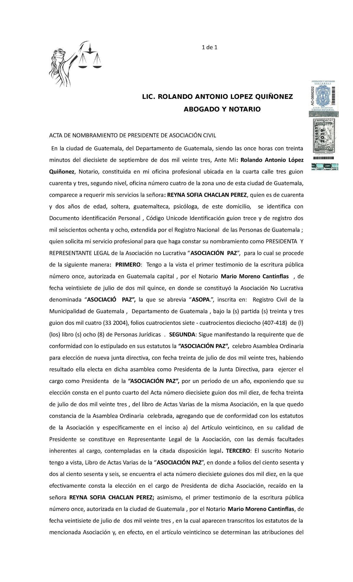 Acta De Nombramiento De Presidente De Asociación Civil Lic Rolando