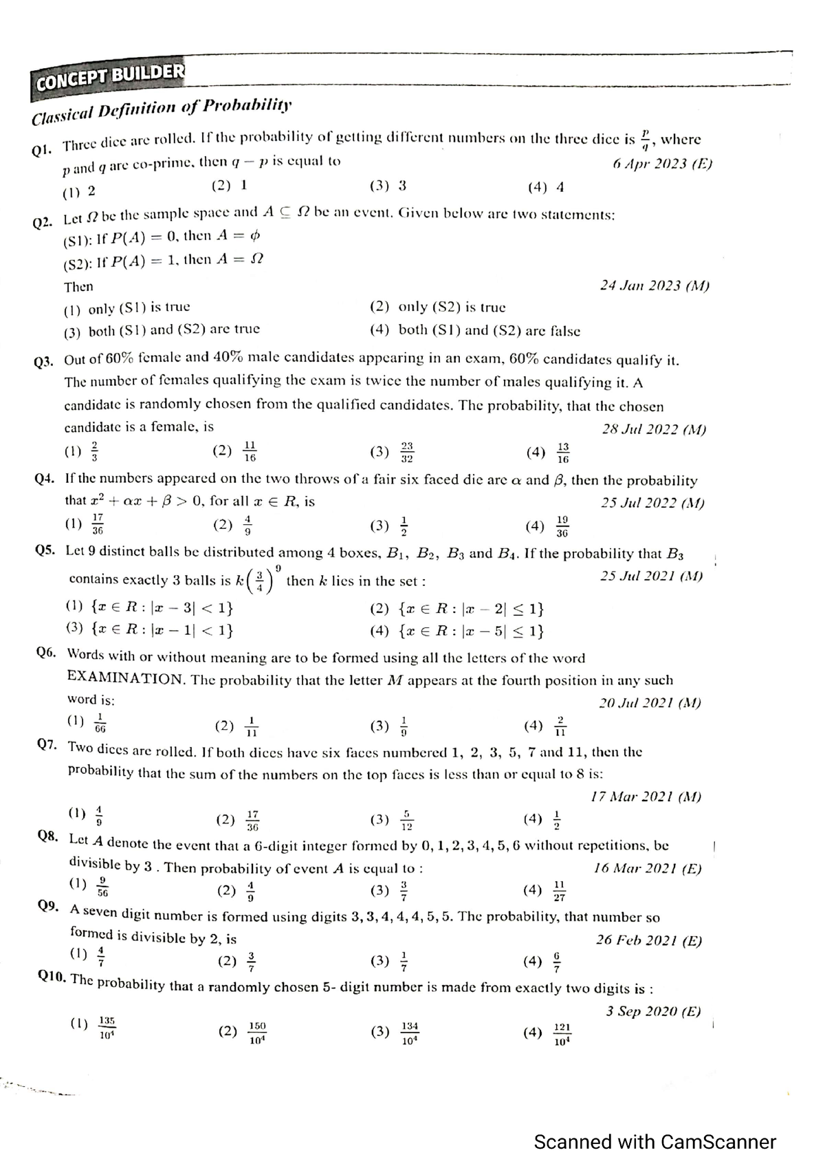 Probability jee mains - Maths science class 12 - Studocu