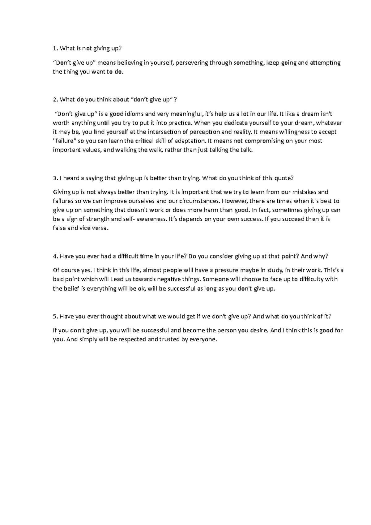 Lời của 5 câu hỏi - What is not giving up? “Don’t give up” means ...