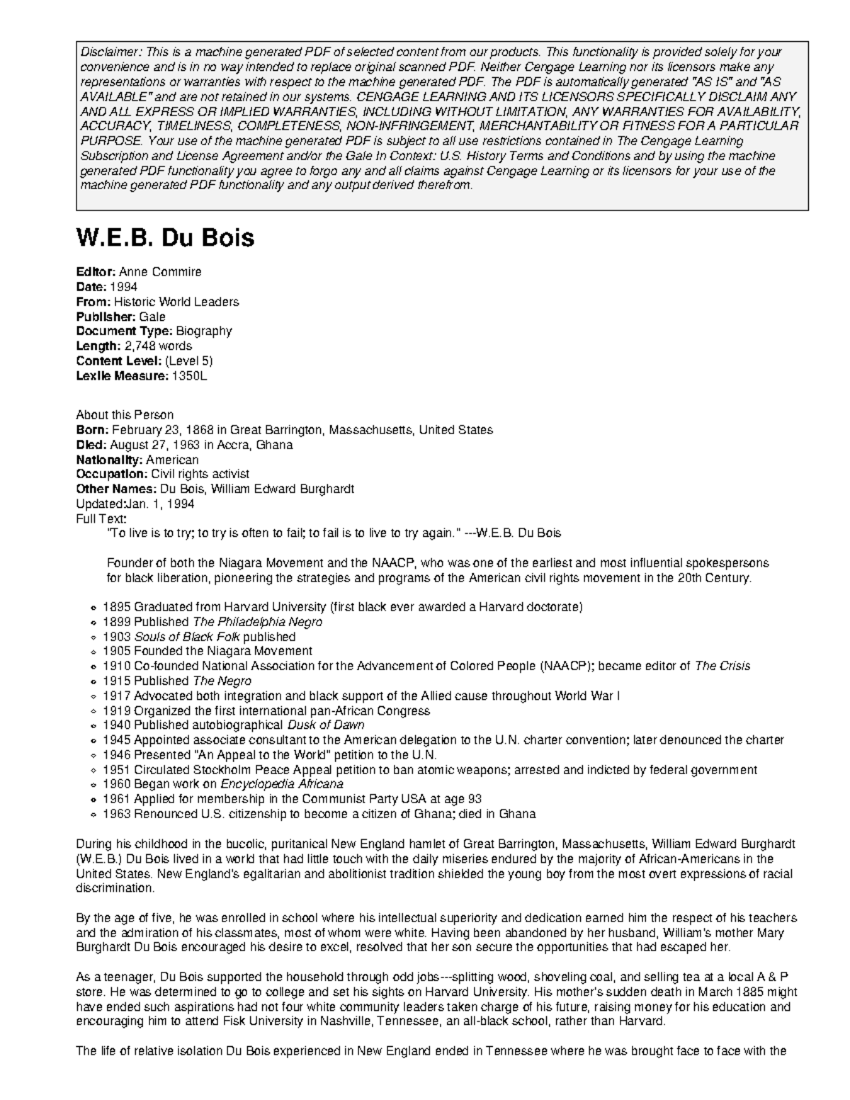 WEB Du Bois - Assignment on U.S. History - Disclaimer: This is a ...