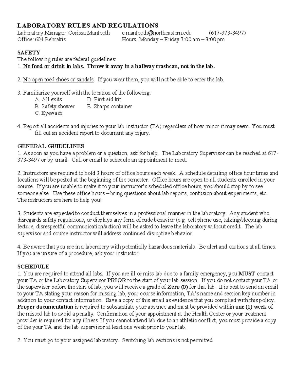 Bio Lab rules - LABORATORY RULES AND REGULATIONS Laboratory Manager ...