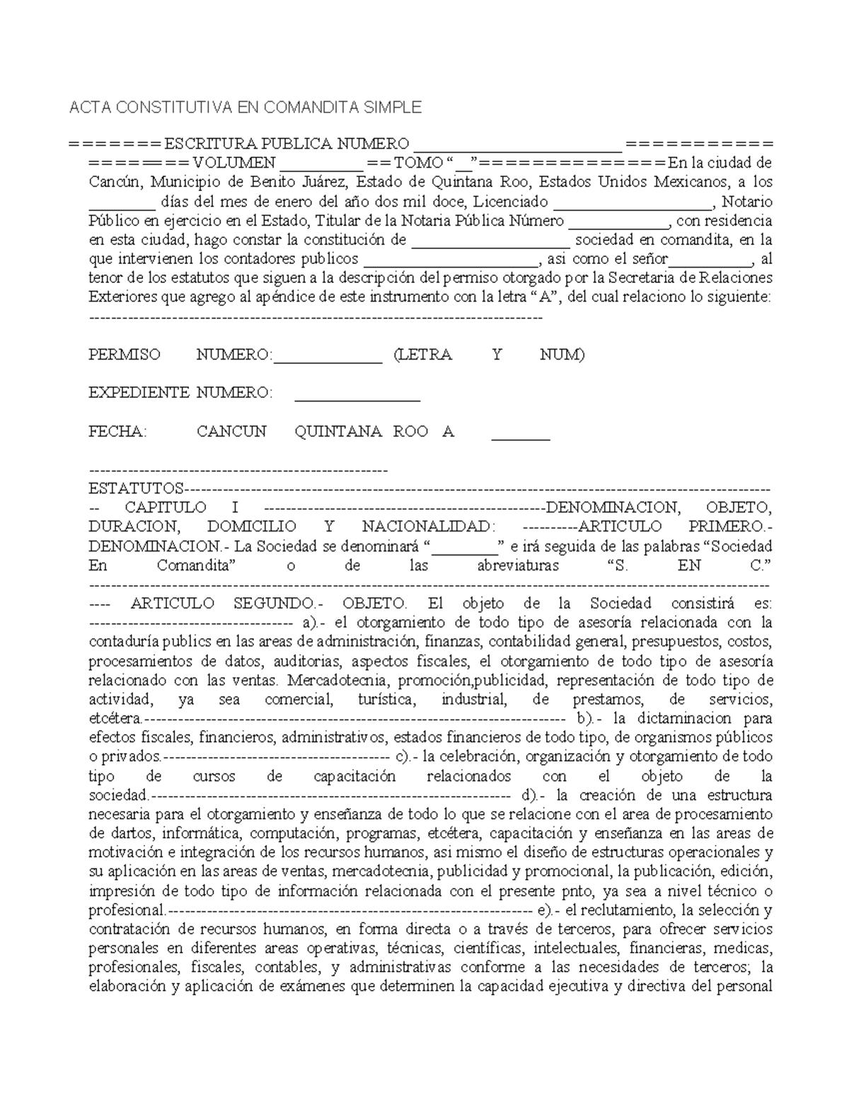 ACTA Constitutiva EN Comandita Simple - ACTA CONSTITUTIVA EN COMANDITA ...
