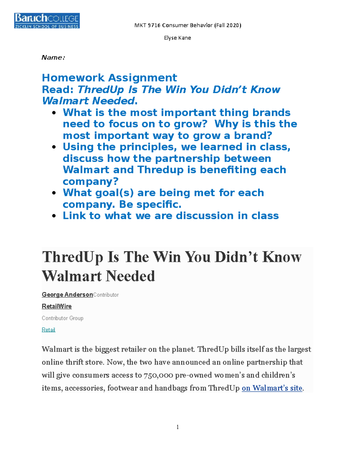 HW 1 Professor Elyse Kane Elyse Kane Name Homework Assignment Read