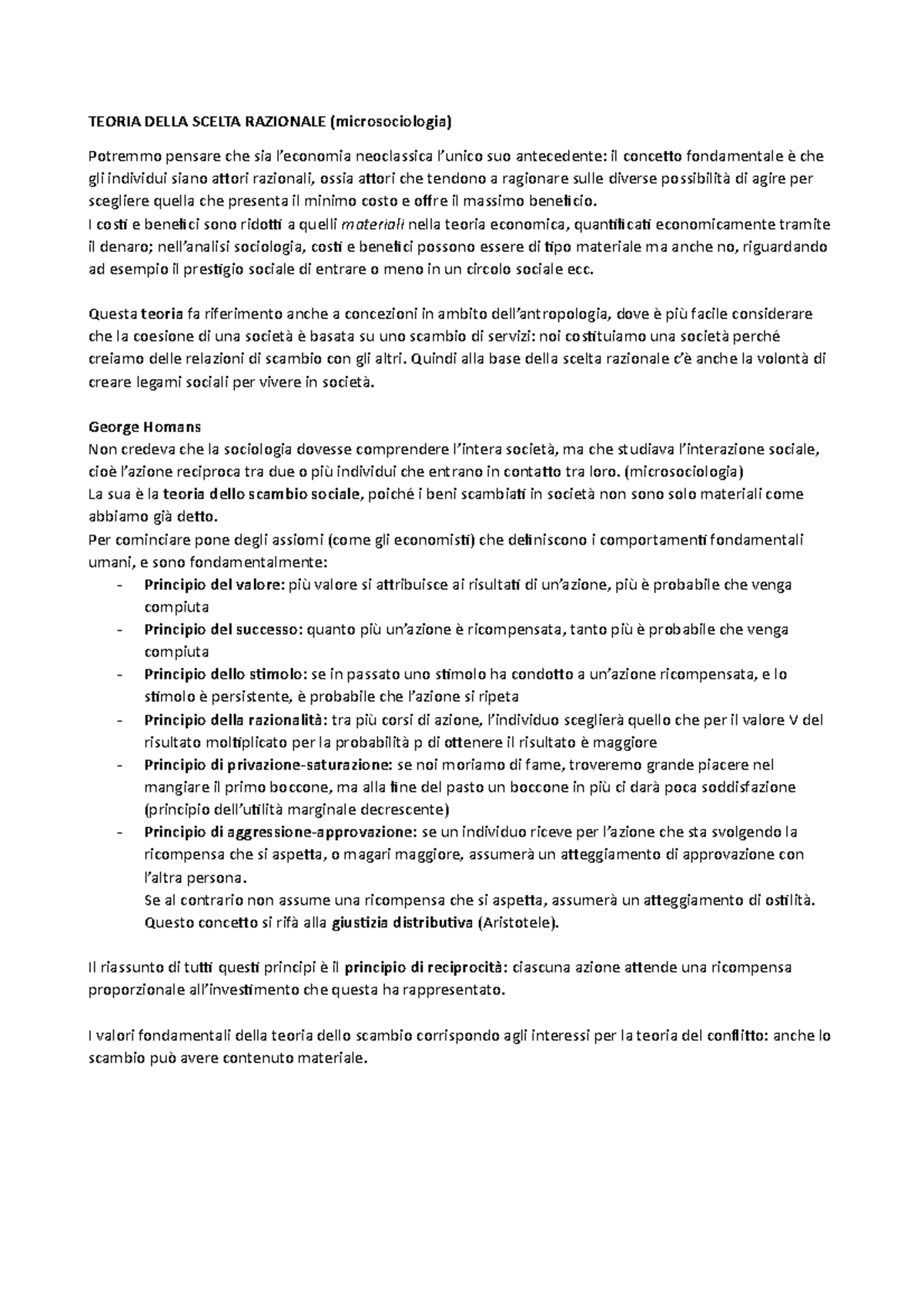 La scelta razionale Homans TEORIA DELLA SCELTA RAZIONALE