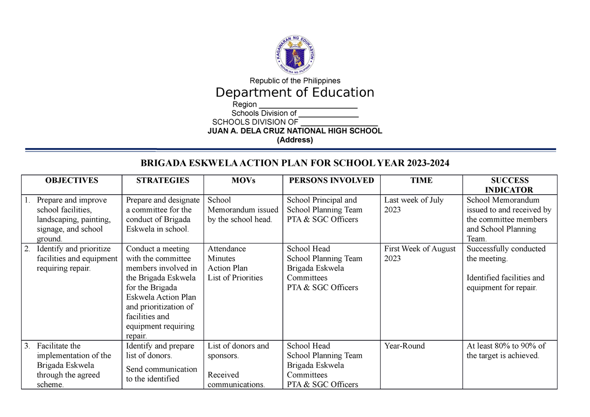 sample-action-plan-republic-of-the-philippines-department-of