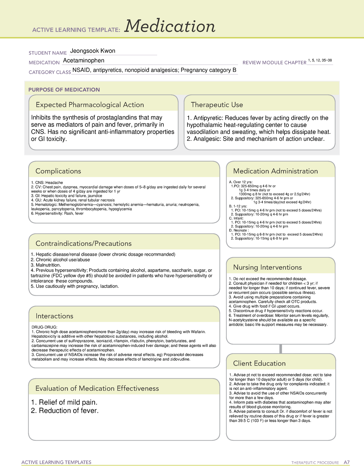 Acetaminophen Drug Card ATI ACTIVE LEARNING TEMPLATES THERAPEUTIC