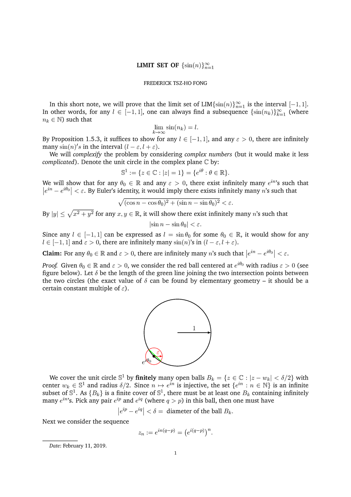 Density of LIM Sinx - LIMIT SET OF {sin(n)}∞n= FREDERICK TSZ-HO FONG In ...