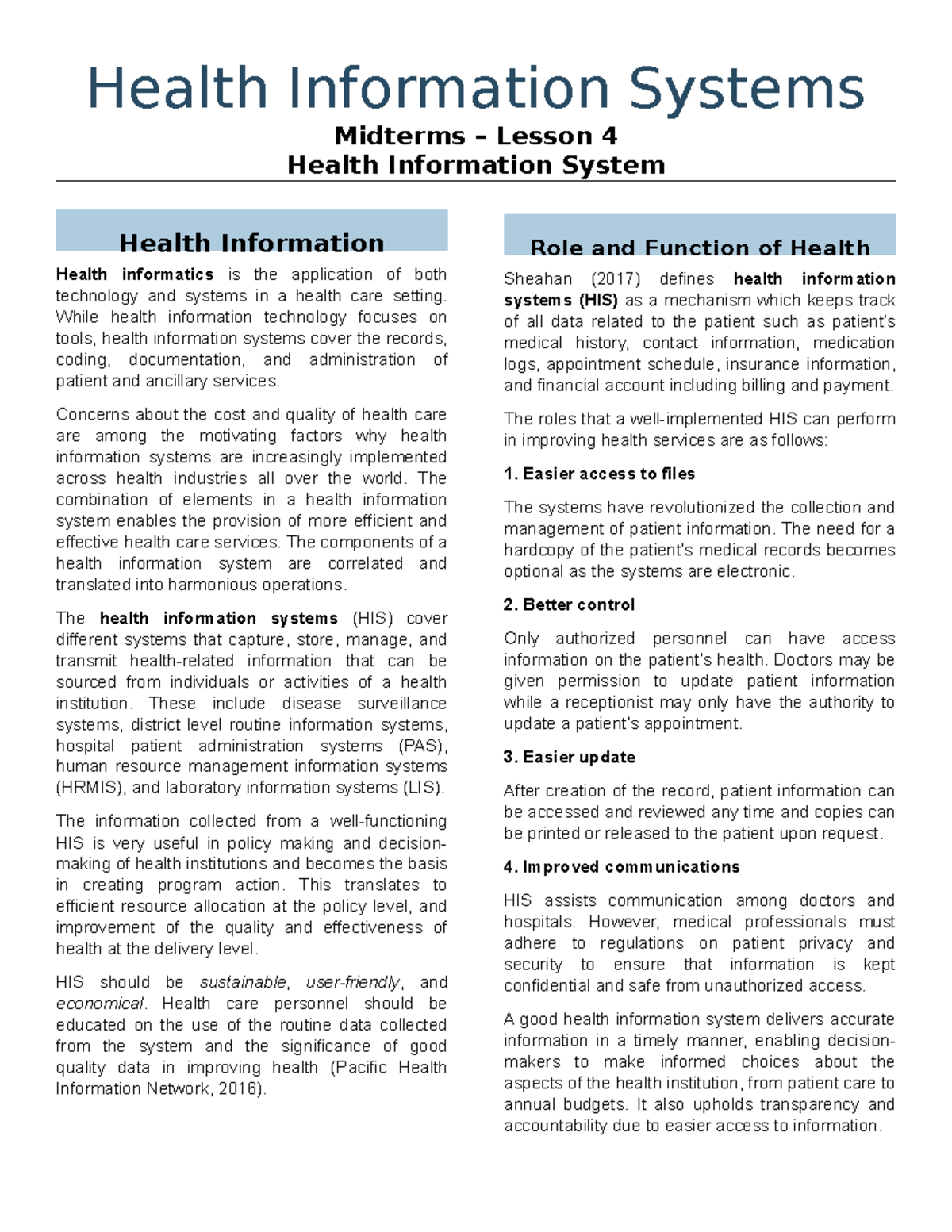 L4 Health Information Systems - Medical Technology - UBian - Studocu