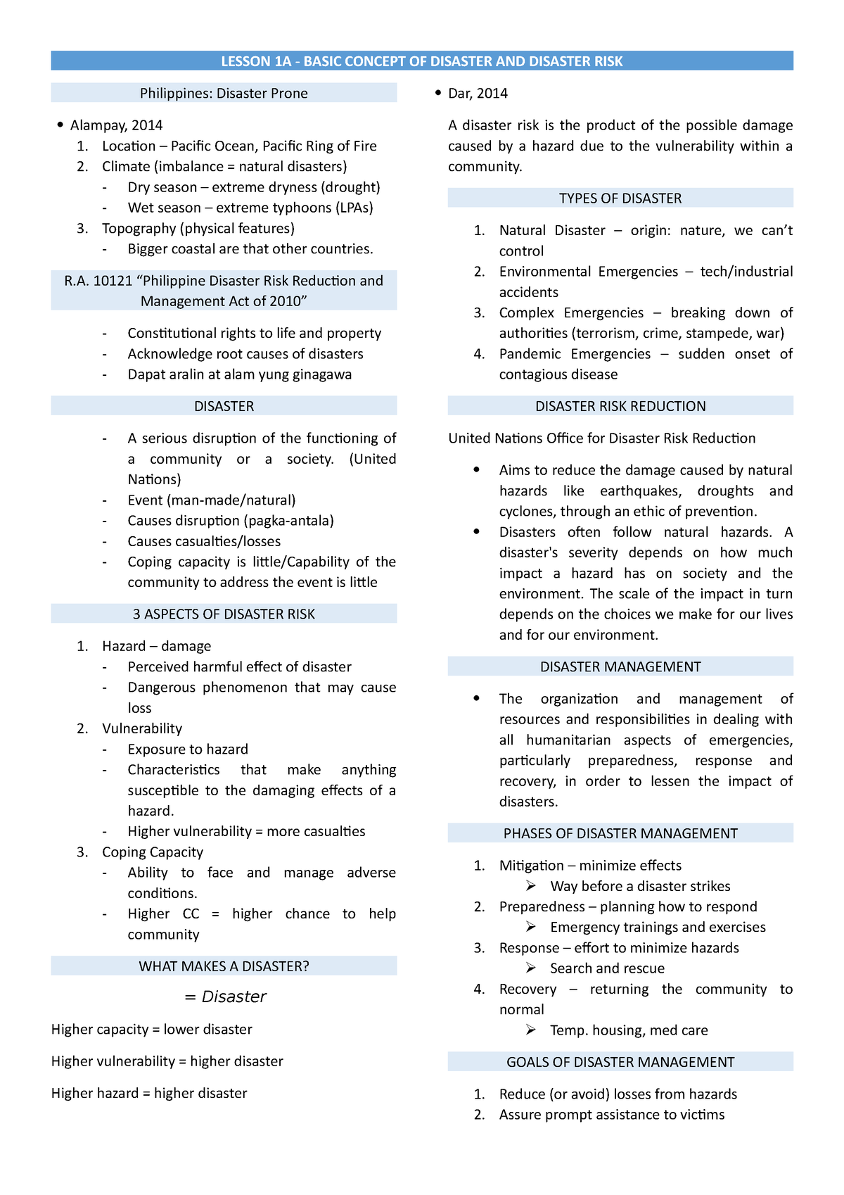 DRRRRR Lesson 1 Notes - LESSON 1A - BASIC CONCEPT OF DISASTER AND ...