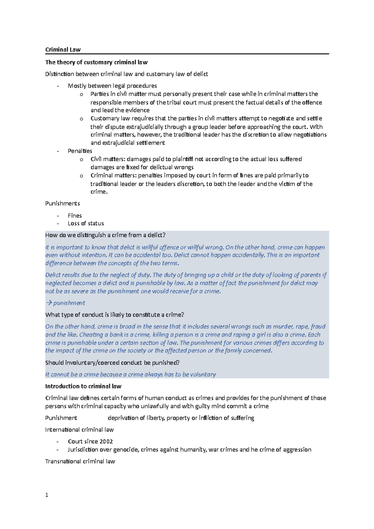 Criminal Law - Summary - Criminal Law The theory of customary criminal ...