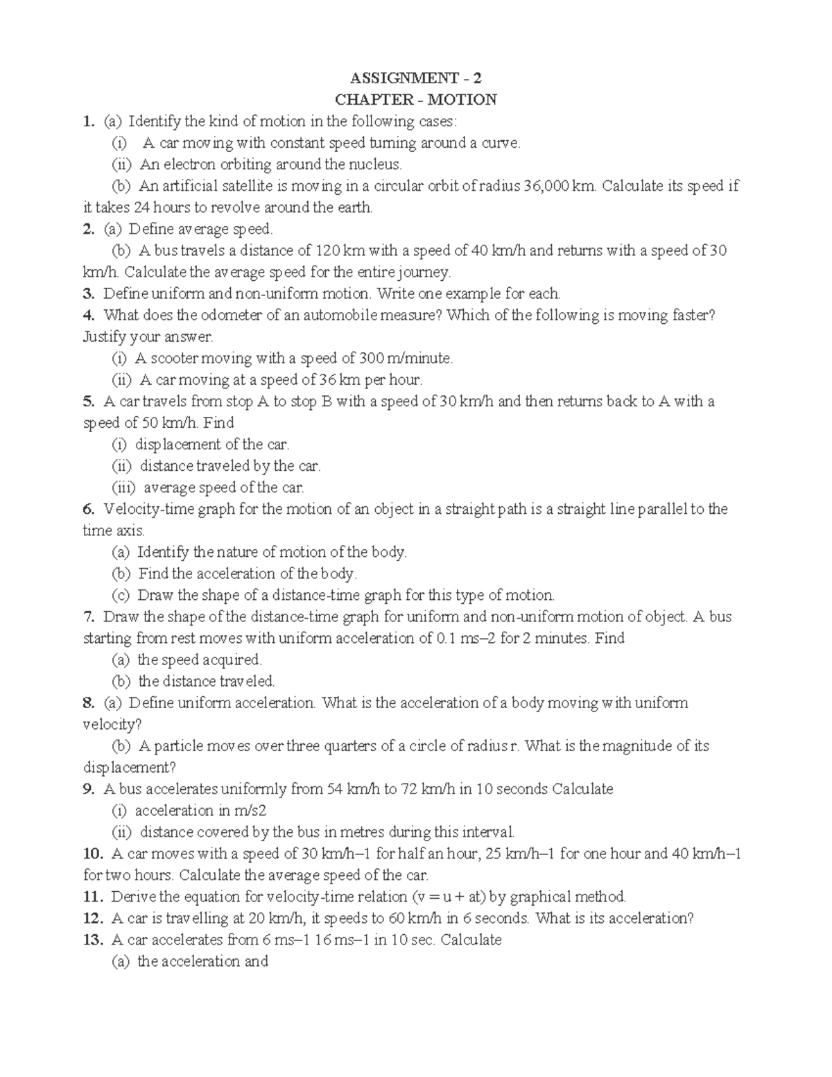 Assignment - 2 Motion - good - ASSIGNMENT - 2 CHAPTER - MOTION (a ...