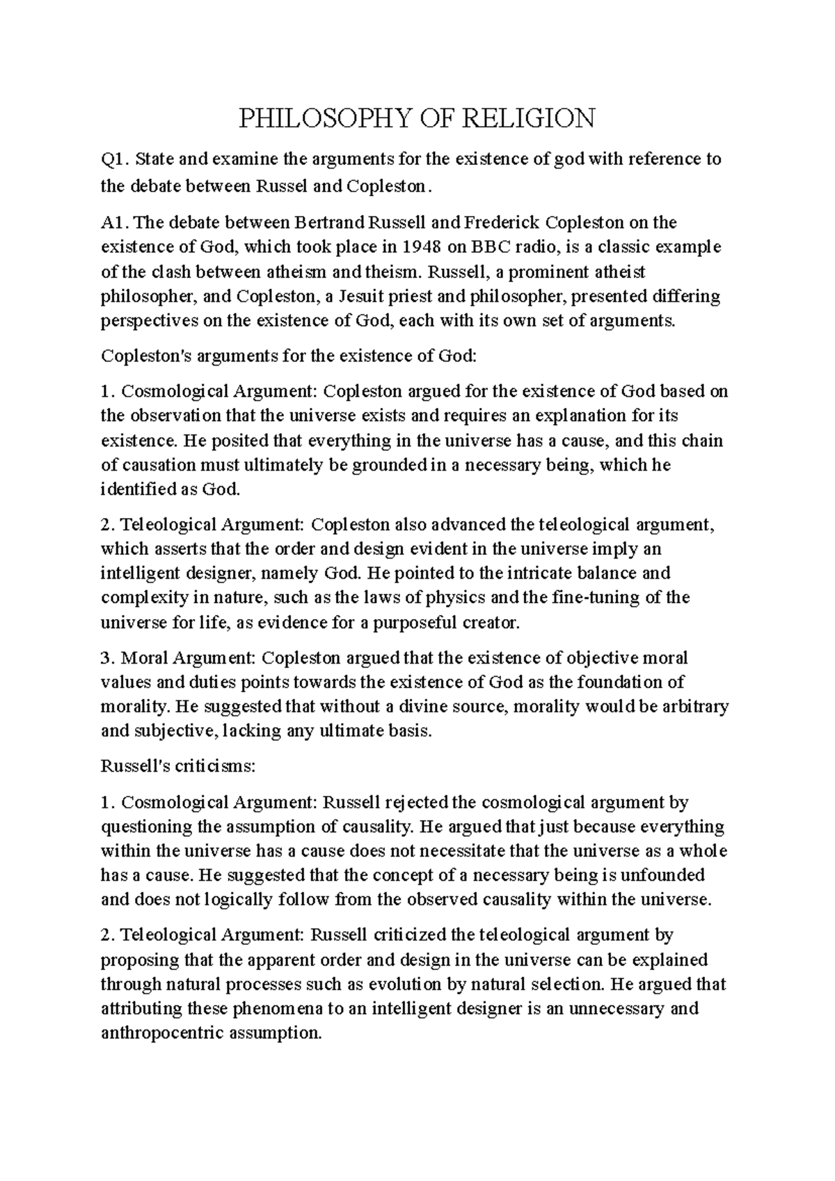 Philosophy OF Religion - PHILOSOPHY OF RELIGION Q1. State and examine ...