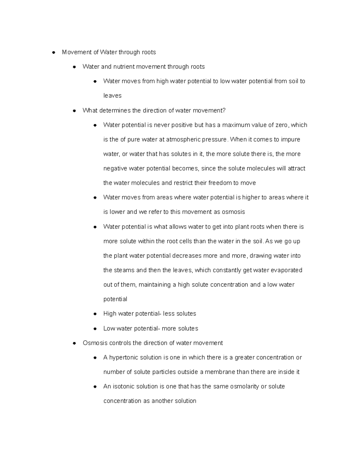 PBIO004 Notes- Roots - Movement of Water through roots Water and ...