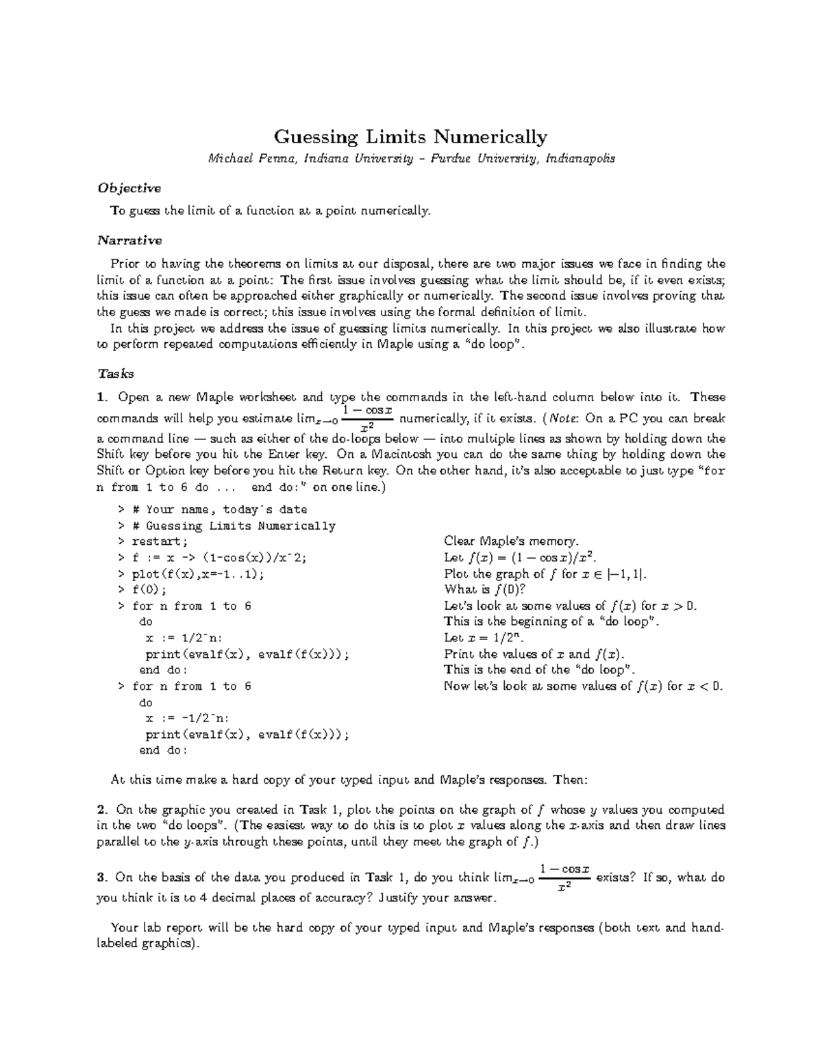 Computer Project 3 - Guessing Limits Numerically Michael Penna, Indiana ...