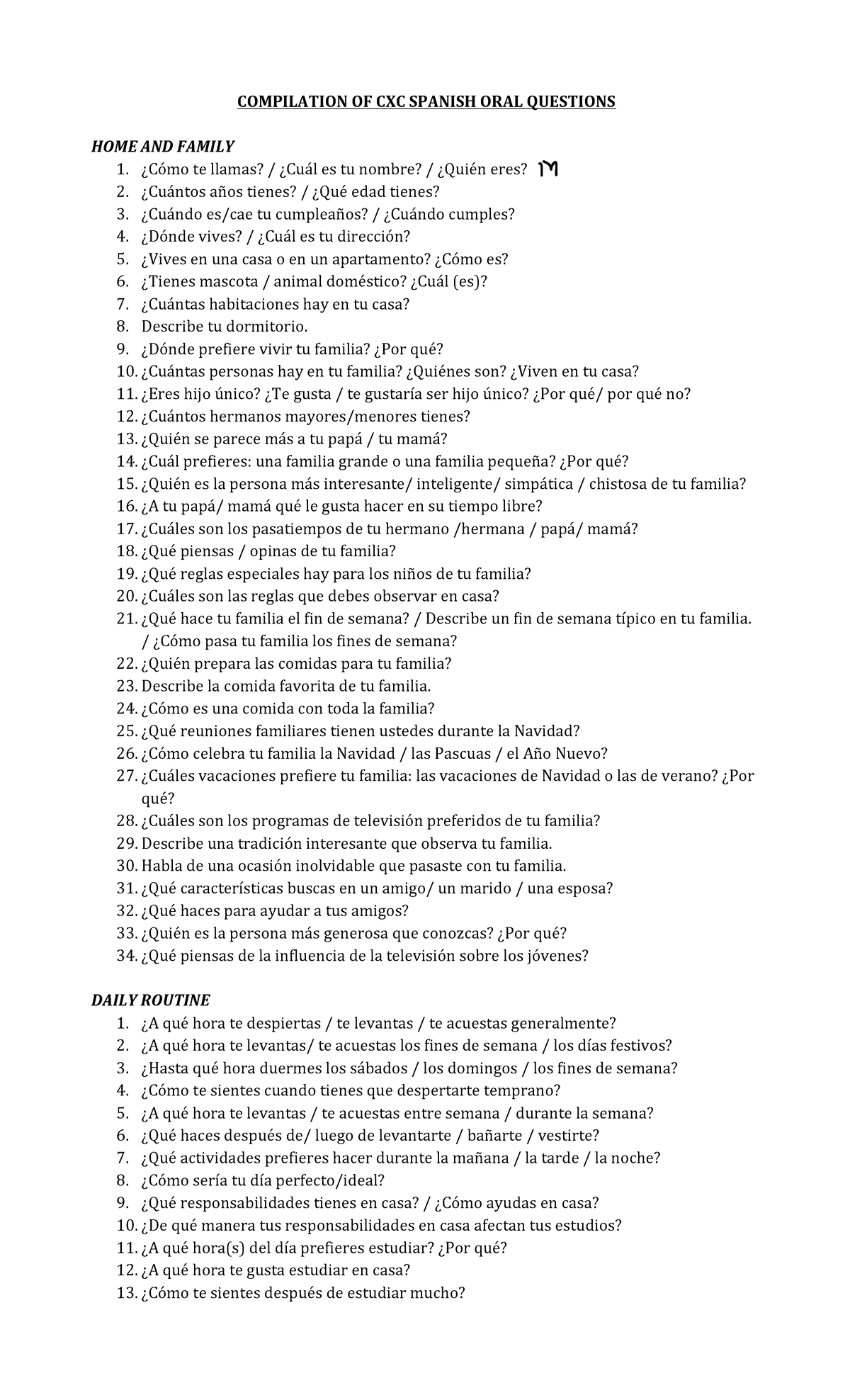 Compilation OF CXC Spanish ORAL Questions COMPILATION OF CXC SPANISH