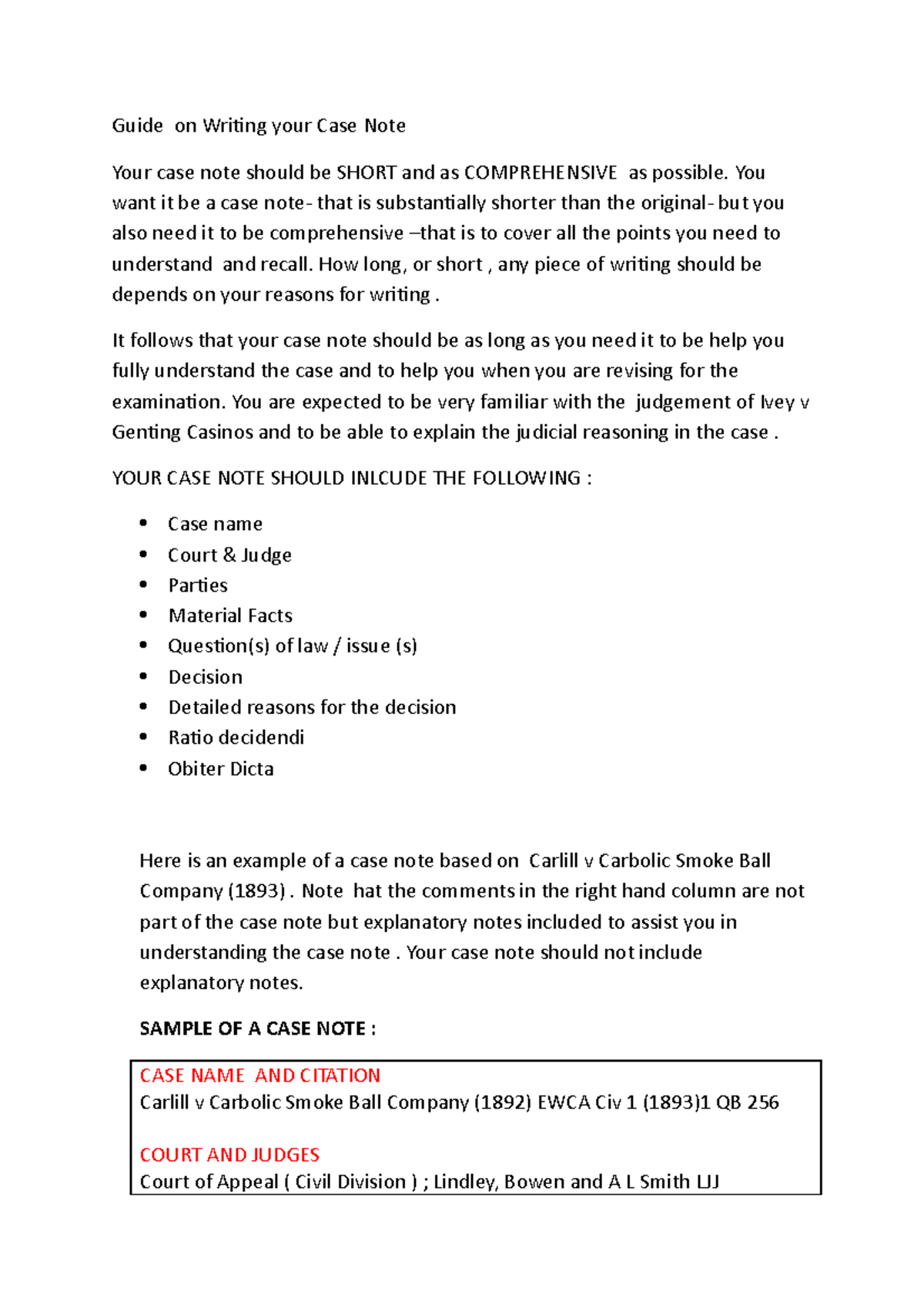 Case Noting sample Guide on Writing your Case Note Your case note