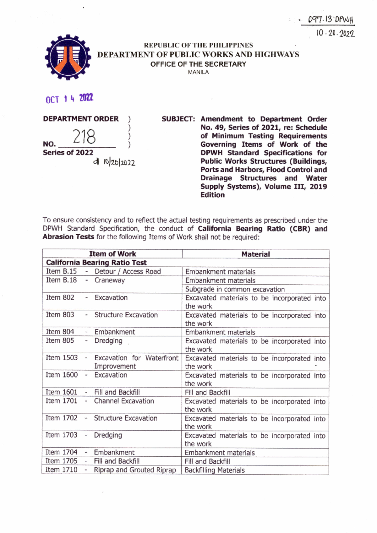 Do 218 s2022 - Dpwh Do - ~ -Ili in OCT 1 4 20U .• 097·13'DPwH 10·20 ...