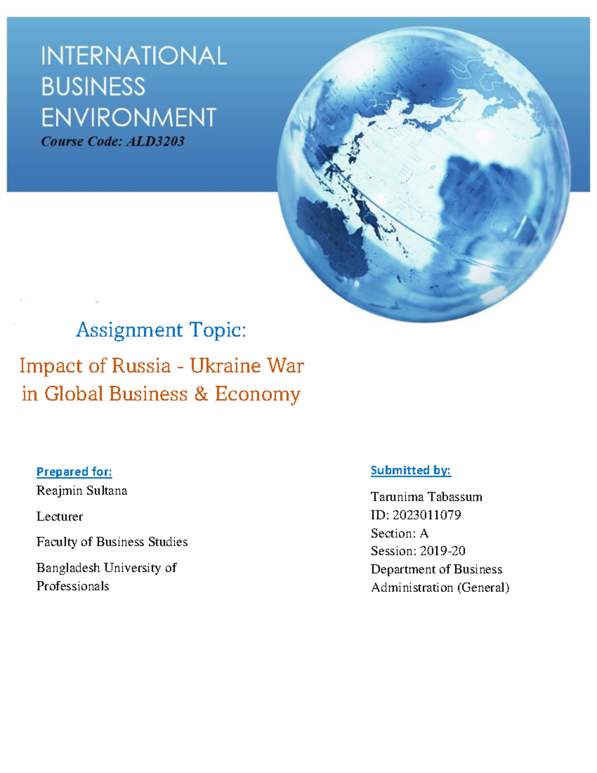 Impact Of Russia-Ukraine War - Assignment Topic: Impact Of Russia ...