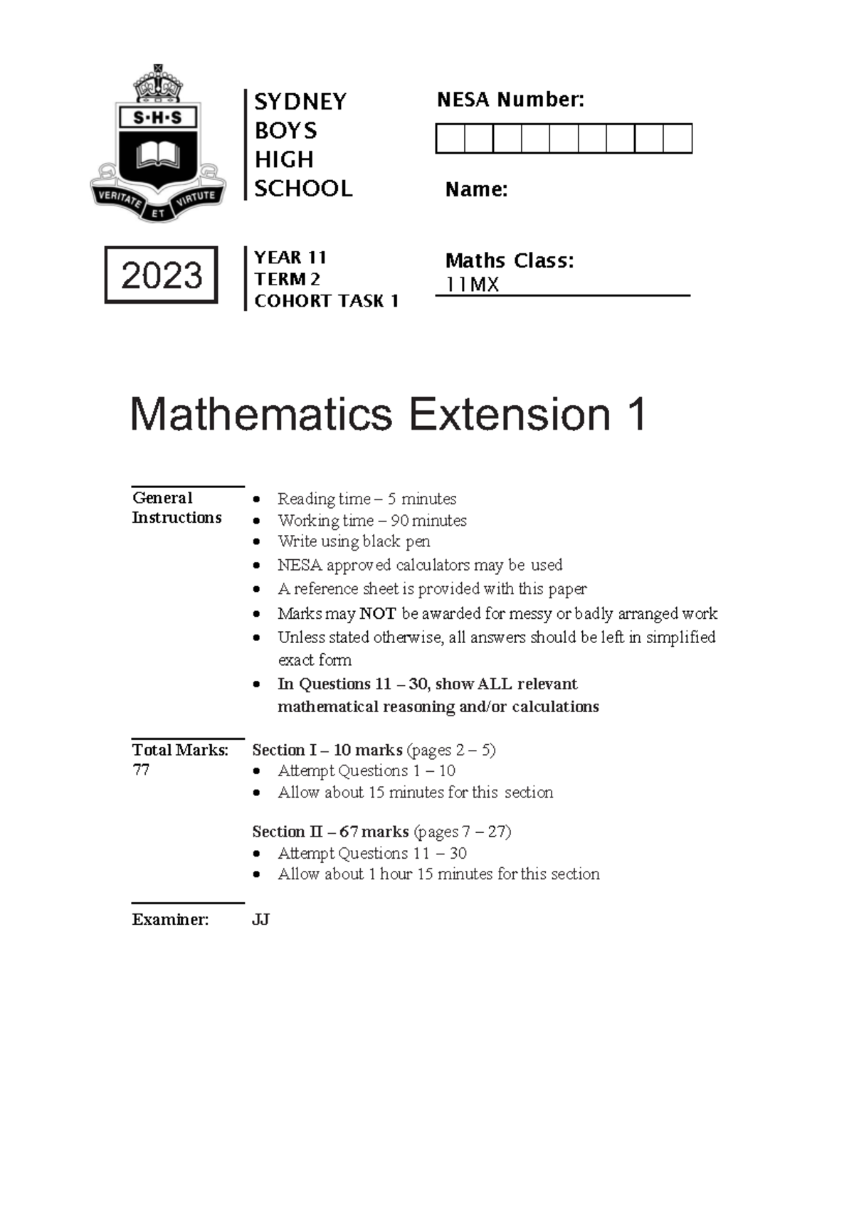 Sbhs 2023 y11 me 1 hy sydney boys high schools 2023 math ext 1 half ...