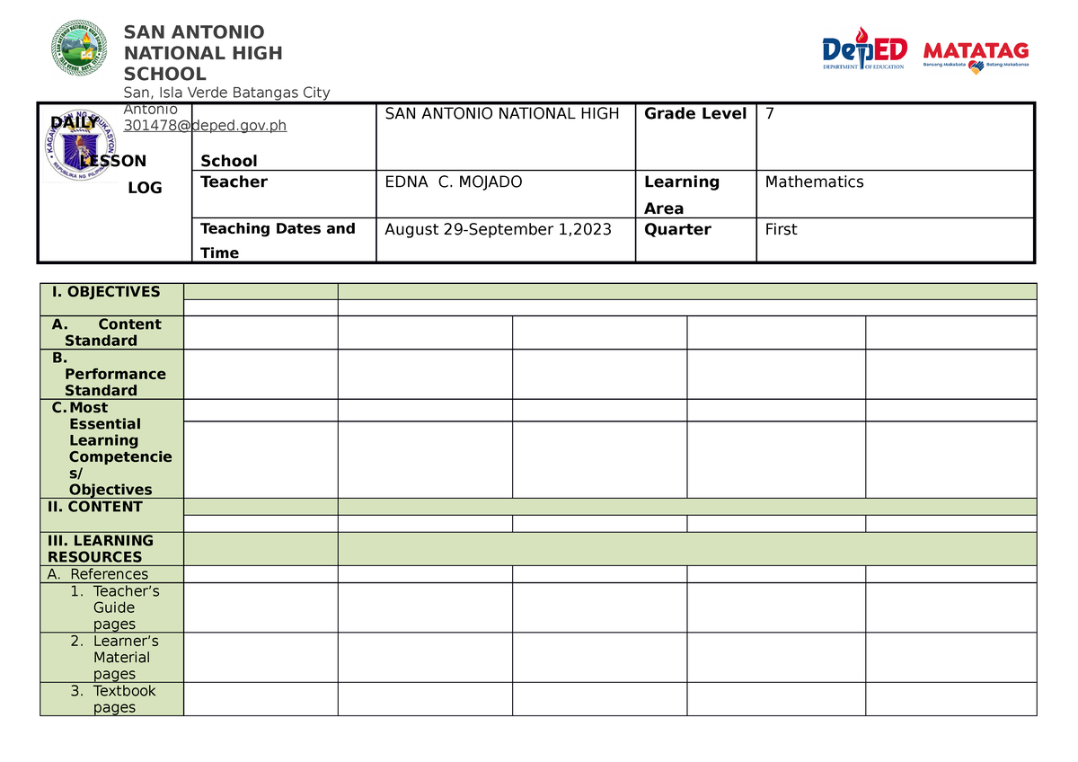 Template-dll - Daily Lesson Log Template - DAILY LESSON LOG School SAN ...