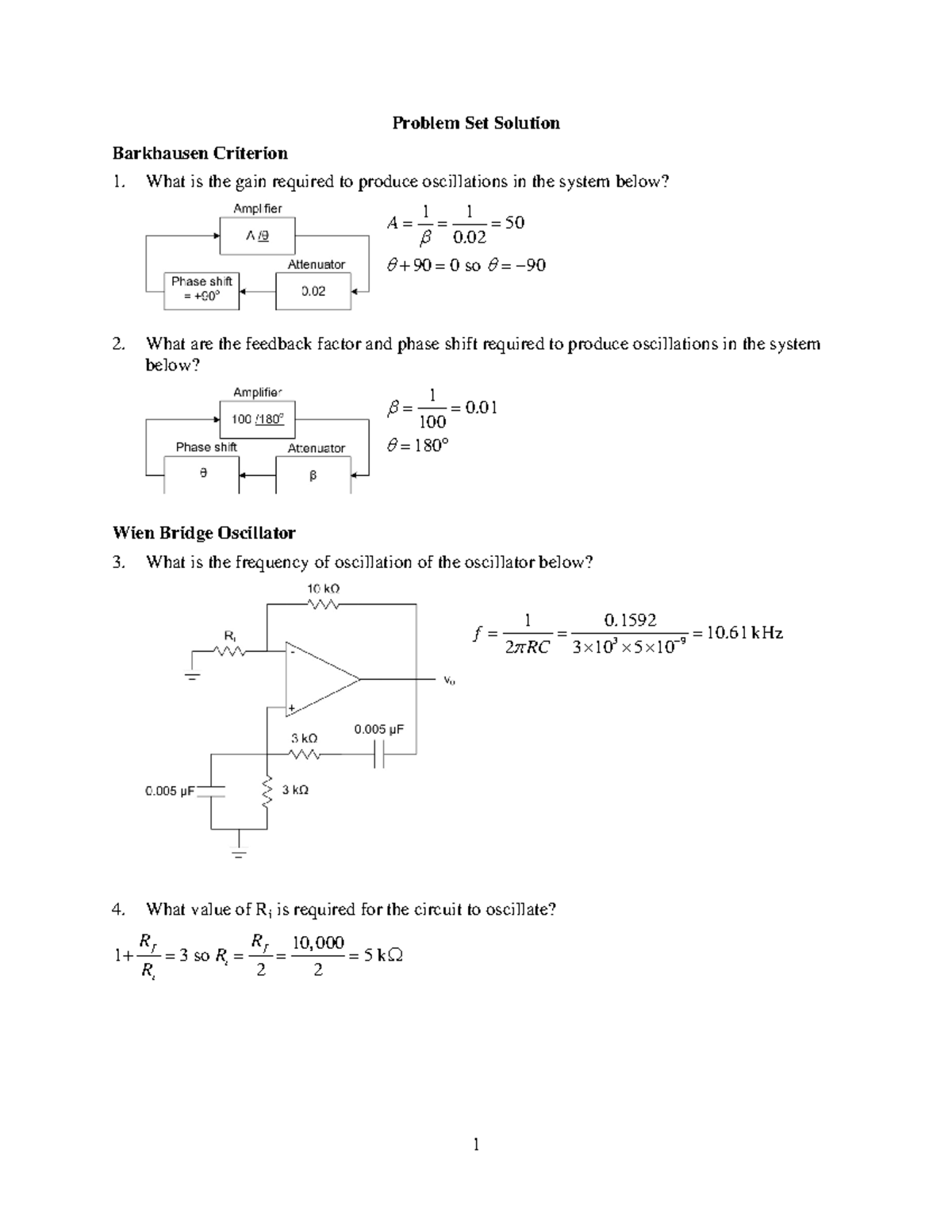 Oscillators Lecture notes 5 Problem Set Solution Barkhausen