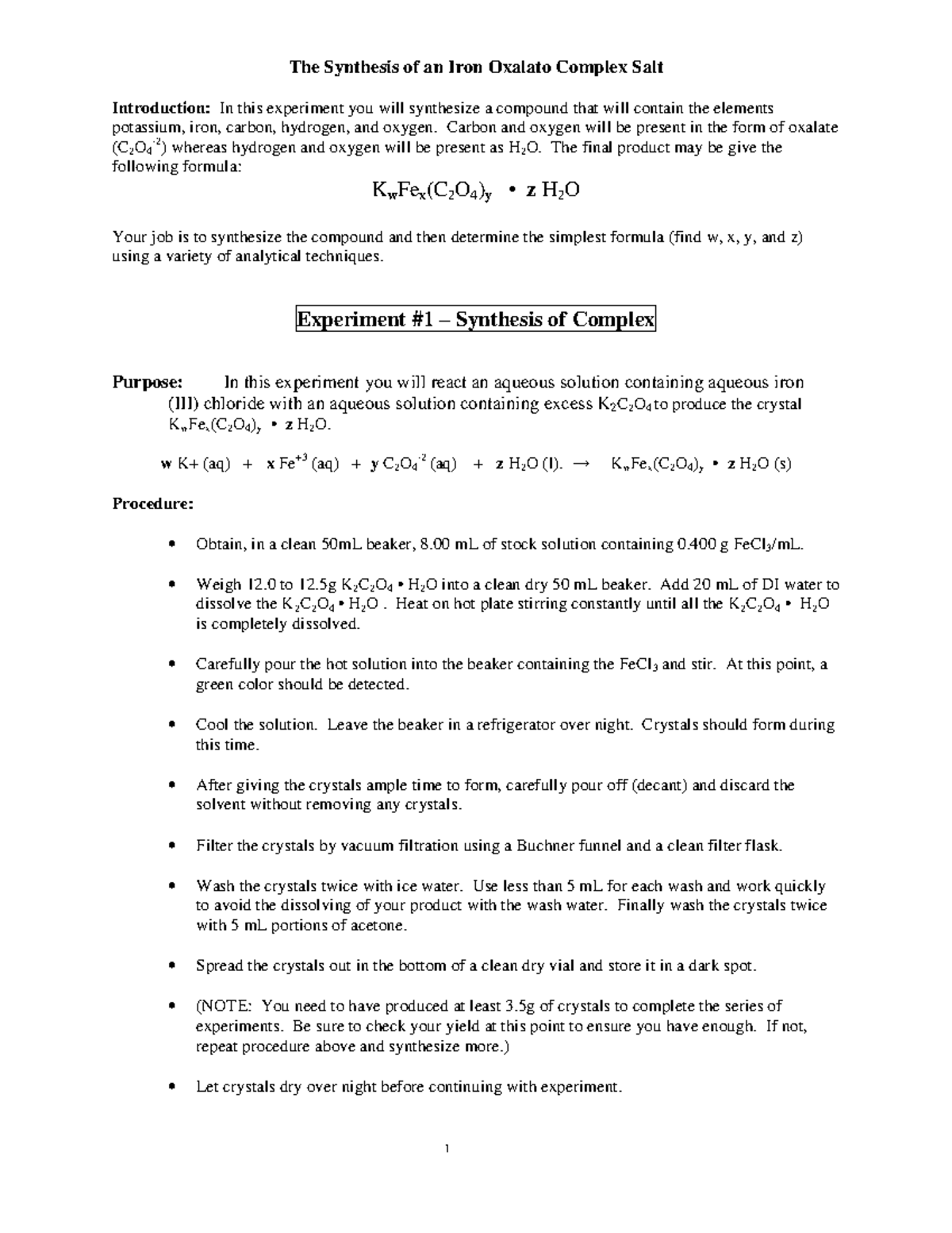 Green crystal lab The Synthesis of an Iron Oxalato Complex Salt
