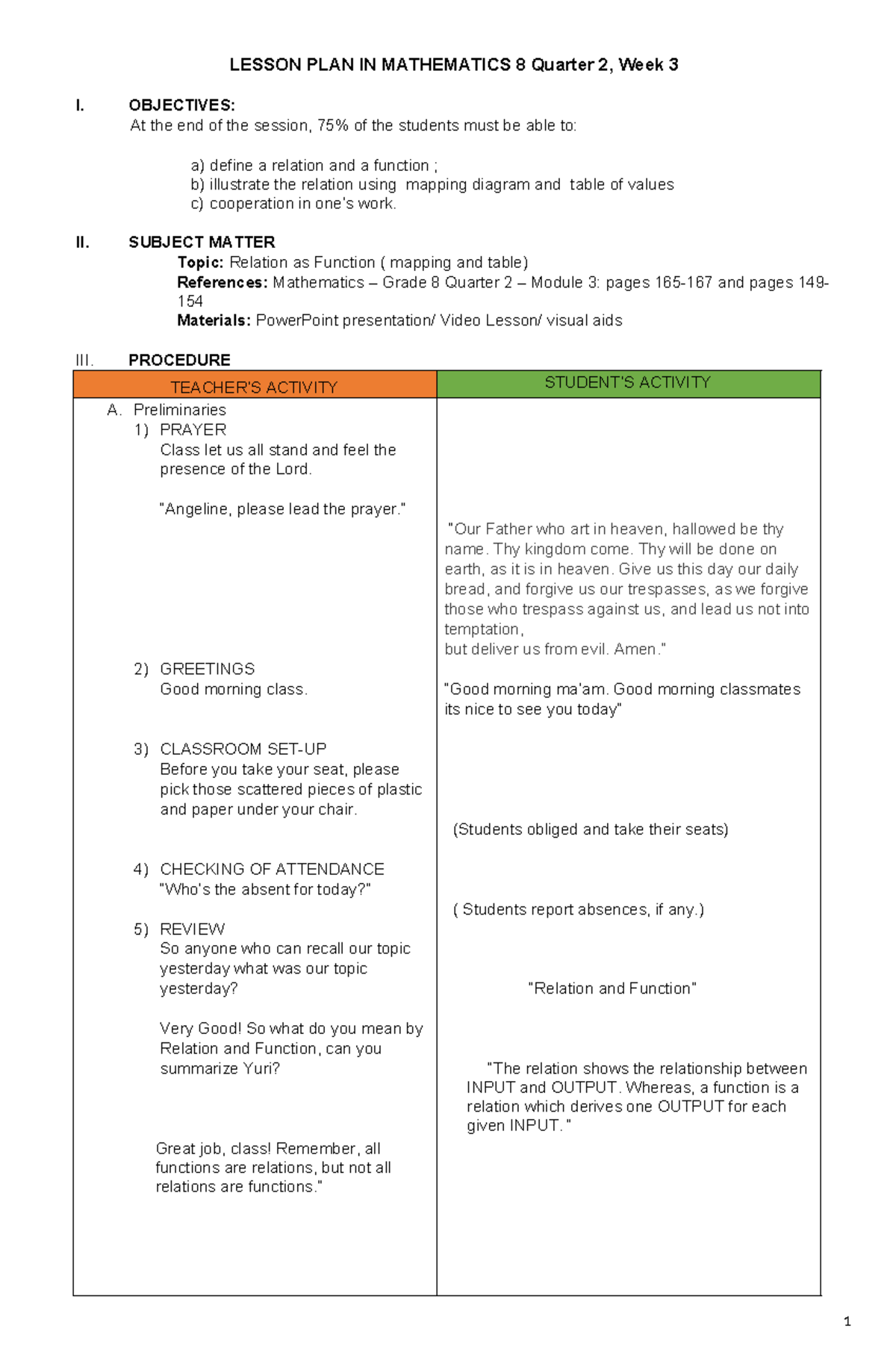 Lesson PLAN FOR DEMO Relation AS Function - LESSON PLAN IN MATHEMATICS ...