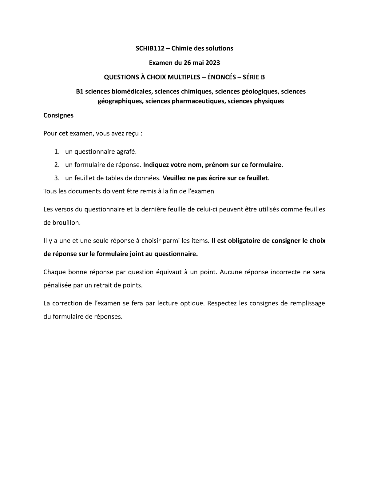 Examen Schib 112 - Juin 23 - S Ã©rie B - Avec R Ã©ponses - SCHIB112 ...