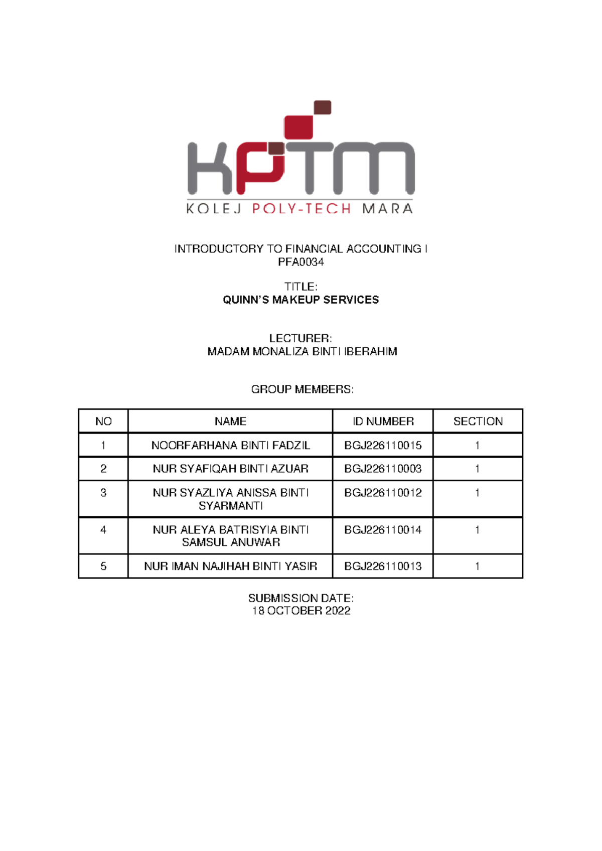 Final Report Account INTRODUCTORY TO FINANCIAL ACCOUNTING I PFA TITLE
