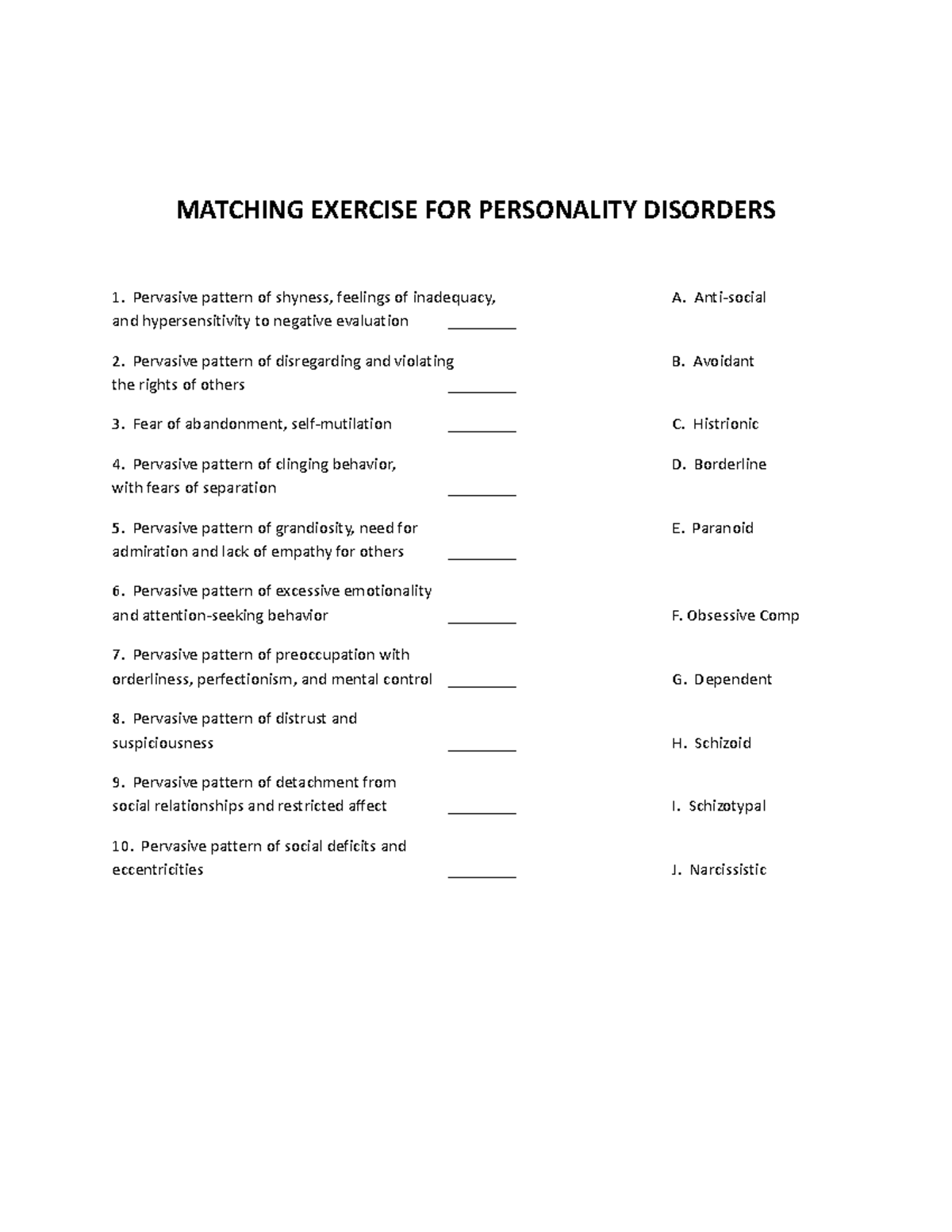 Matching Exercise for Personality Disorders - MATCHING EXERCISE FOR ...