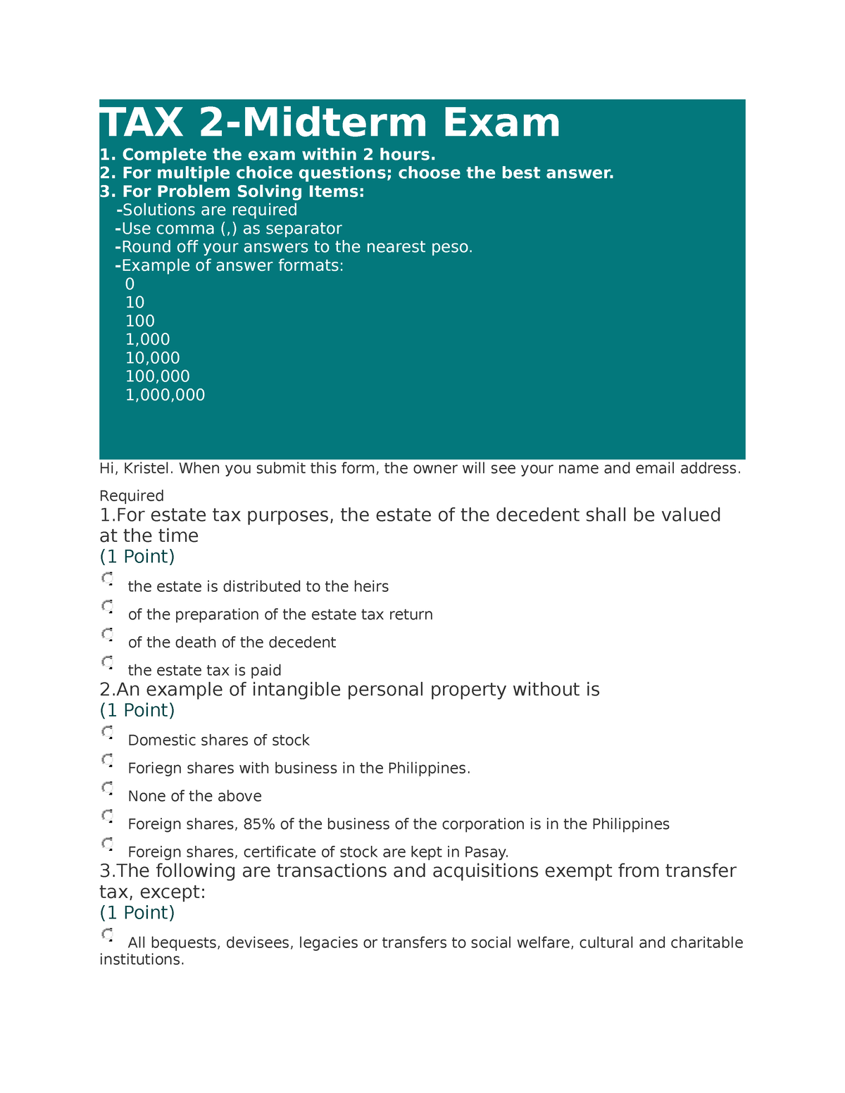 TAX 2 Midterm Exam - Bsa - TAX 2-Midterm Exam Complete The Exam Within ...