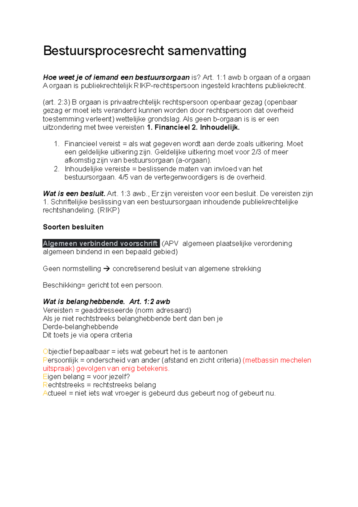 Bestuursprocesrecht Samenvatting - 1:1 Awb B Orgaan Of A Orgaan A ...