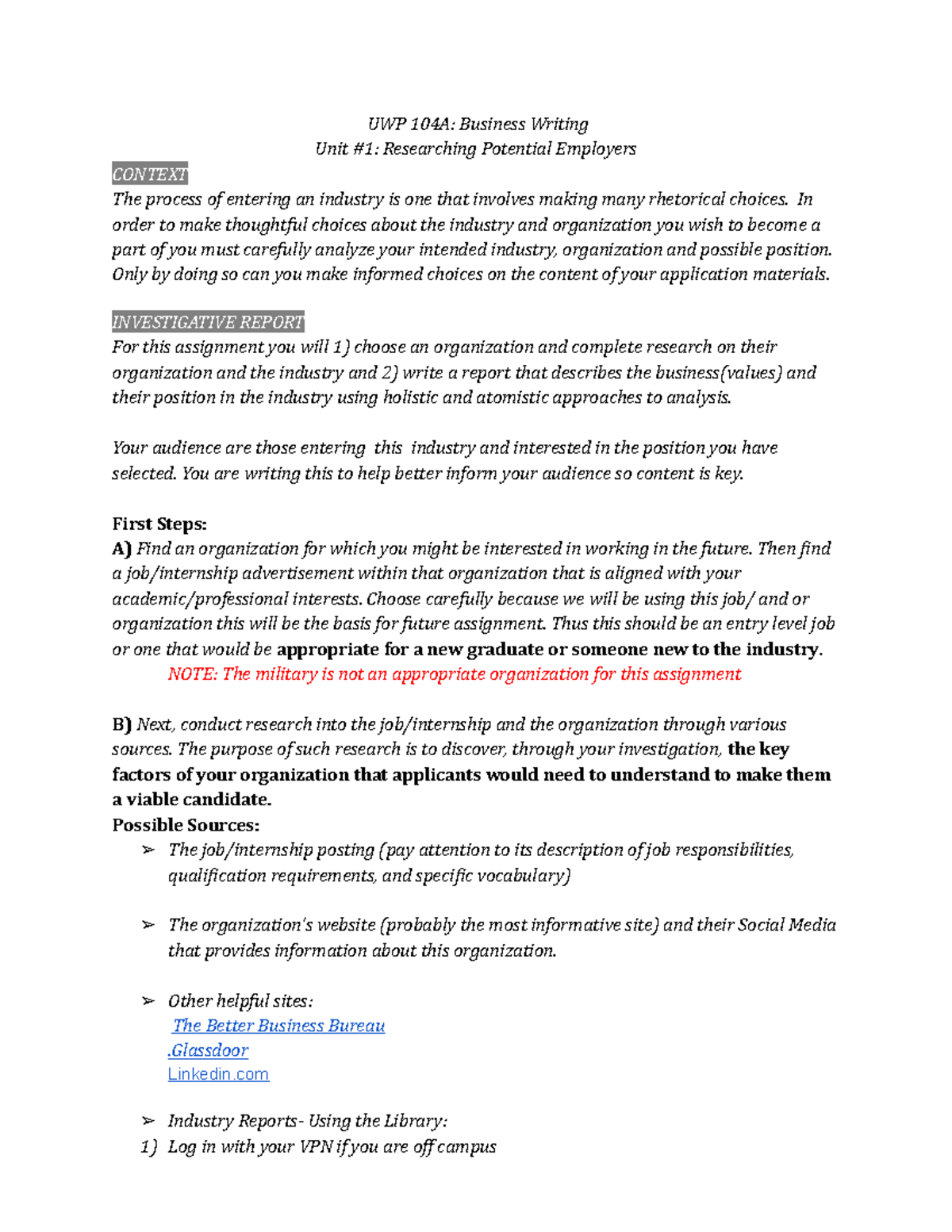 Unit 1 Assignment Sheet - UWP 104A: Business Writing Unit #1 ...