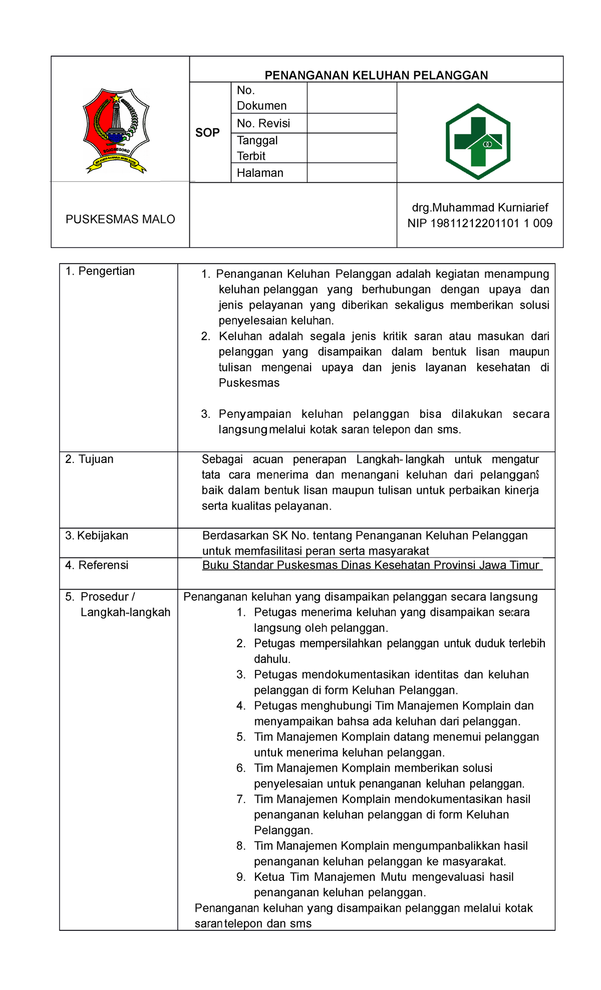 SOP Penanganan Keluhan Pelanggan - PUSKESMAS MALO PENANGANAN KELUHAN ...