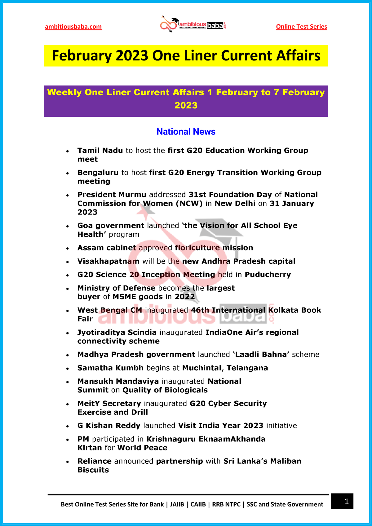 Oneliners PDF Feb 2023 Ambitious Baba - Best Online Test Series Site ...