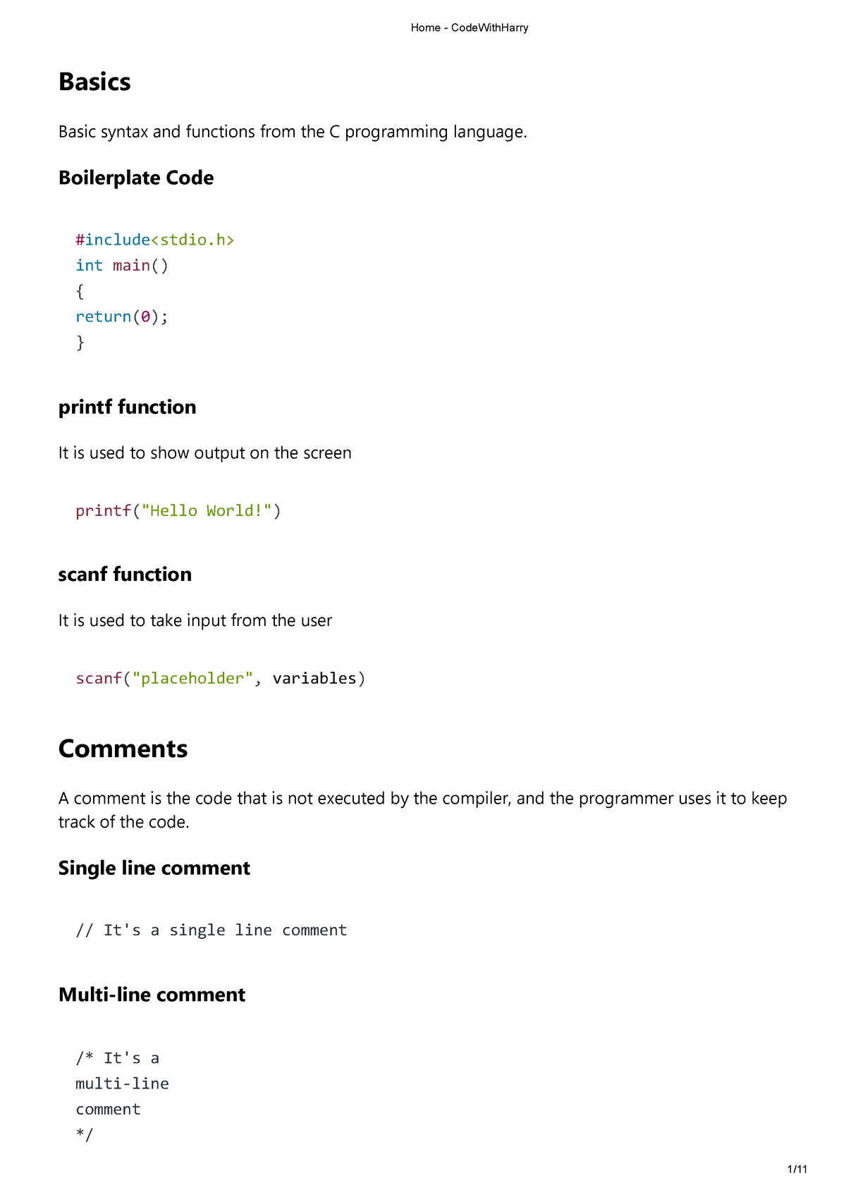 C Cheatsheet - c language - Basics Basic syntax and functions from the ...