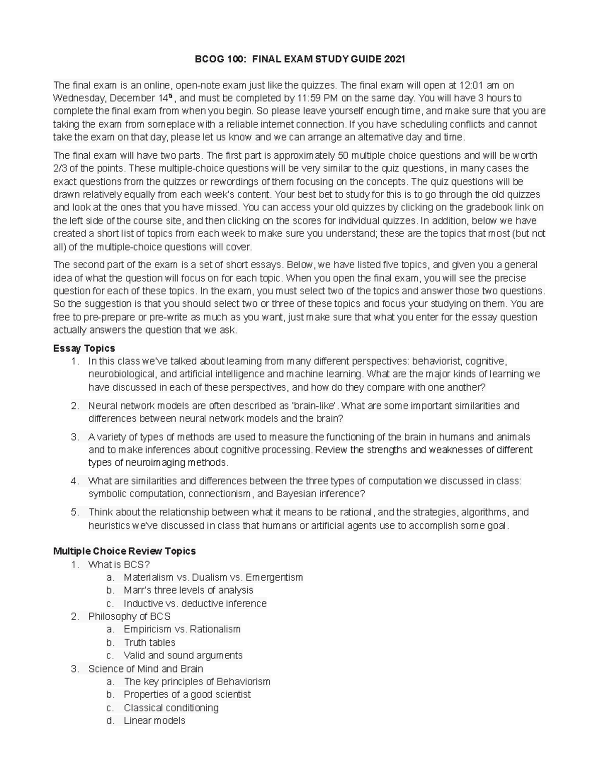BCOG 100 Final Study Guide Fall 2022 - BCOG 100: FINAL EXAM STUDY GUIDE ...