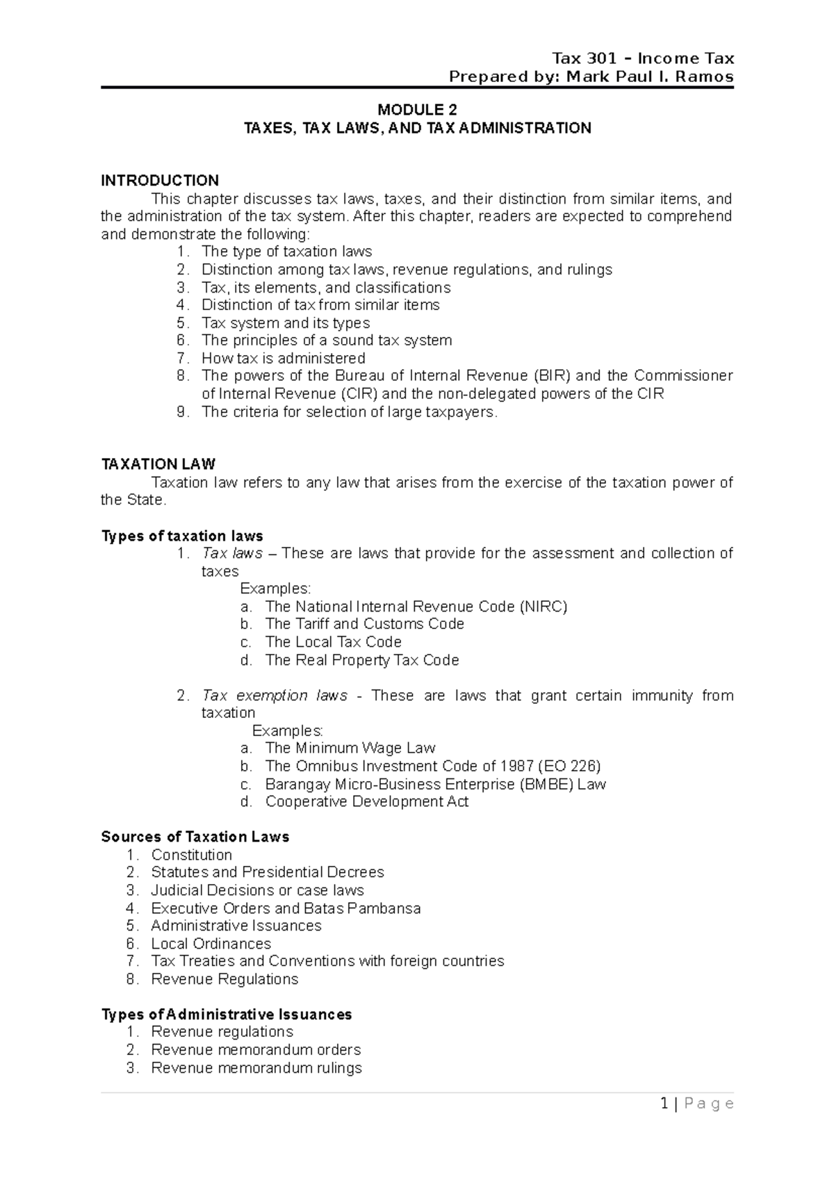 Module 2 Taxes Tax Laws and Tax Administration Prepared by Mark Paul