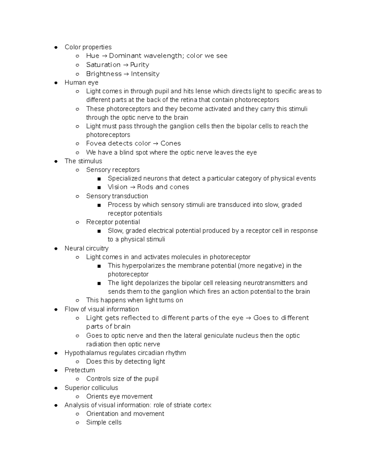 Vision - Detailed notes of the lecture. - Color properties Hue → ...
