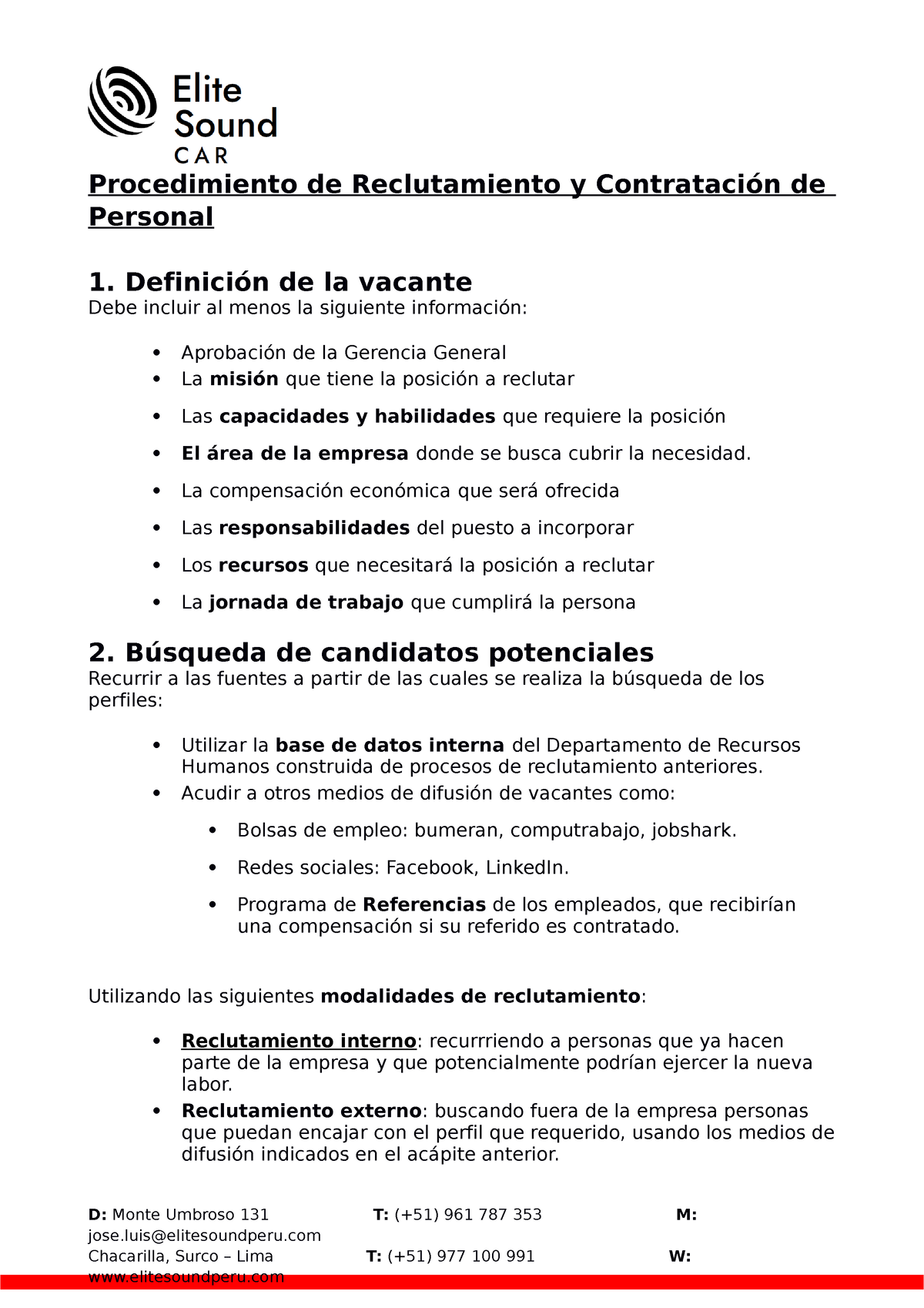 Procedimiento Reclutamiento Contratacipn De Personal - Procedimiento De ...