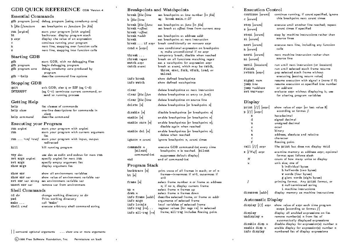 Gdb reference card - Dicionário de comandos em C - GDB QUICK REFERENCE ...