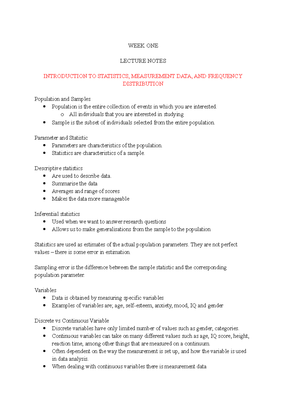 HPS201 Notes - WEEK ONE LECTURE NOTES INTRODUCTION TO STATISTICS ...